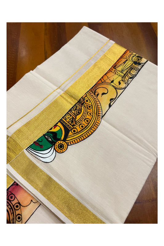 Kerala Pure Cotton Double Mundu with Kathakali Mural Hand Painted Design on Kasavu Border (South Indian Kerala Dhoti)