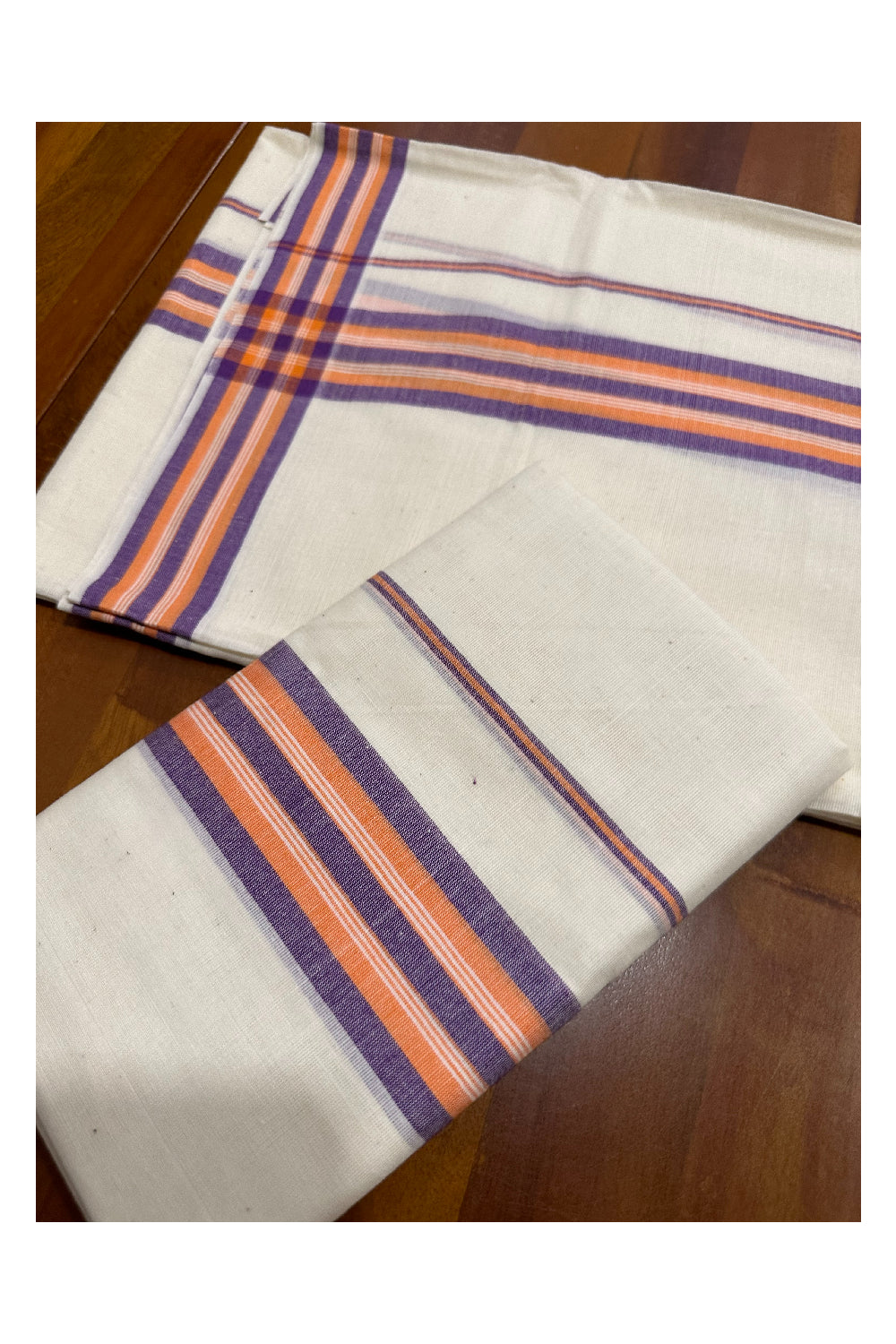 Kerala Mulloth Soft Cotton Mundum Neriyathum Single with Violet and Orange Border (Onam Set Mundu 2023)