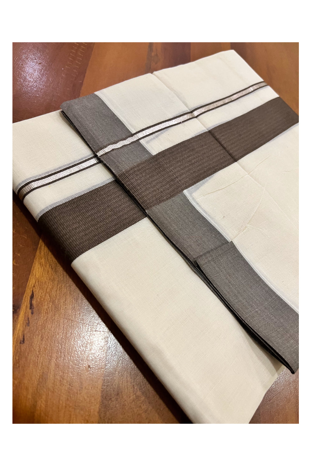 Pure Cotton Double Mundu with Silver Kasavu and Brown Border (South Indian Kerala Dhoti)