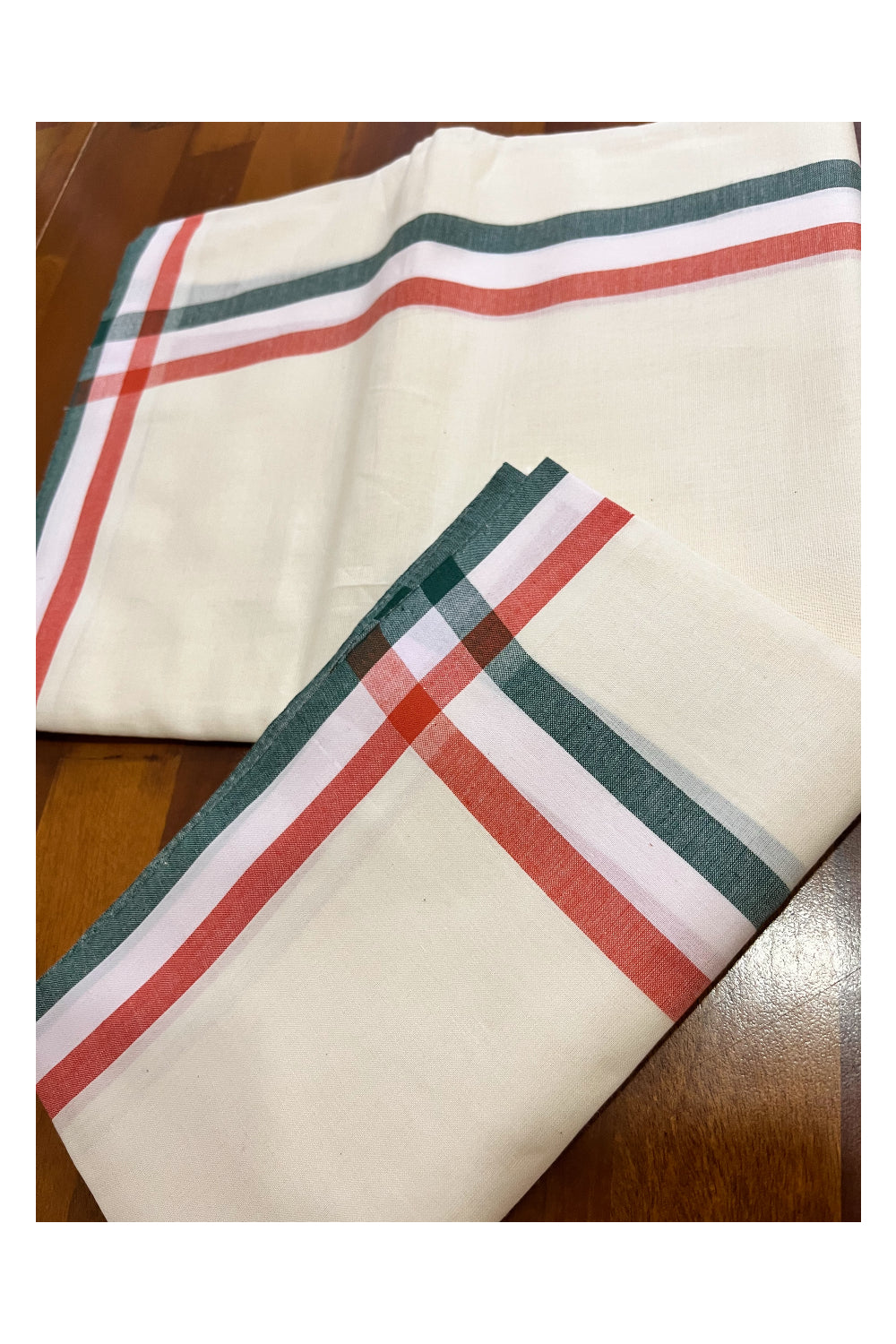 Kerala Cotton Mulloth Mundum Neriyathum Single (Set Mundu) with Green White Orange Border (Extra Soft Cotton) 2.80 Mtrs