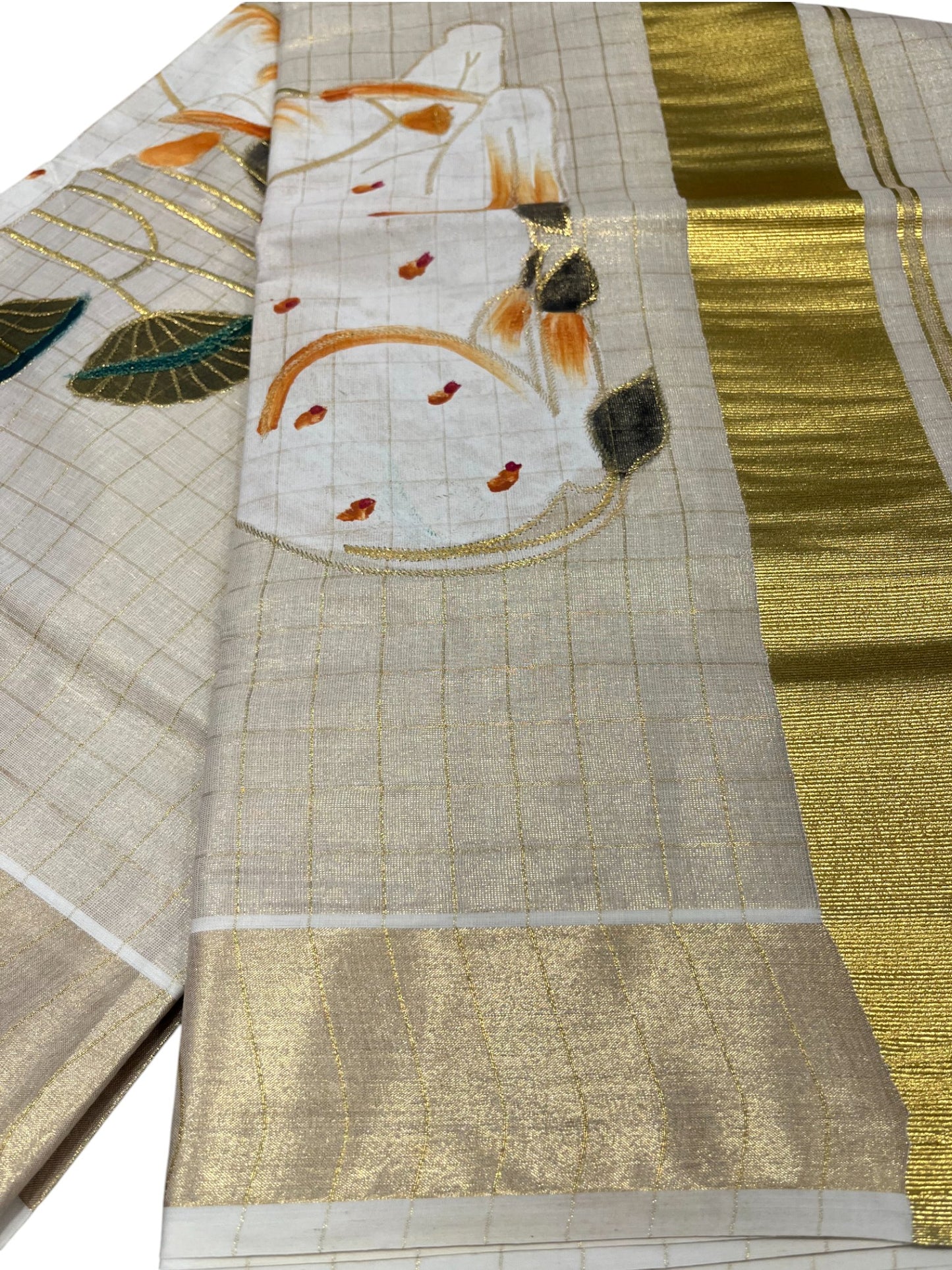 Southloom Tissue Kerala Kasavu Saree with Check Hand Painted Embroidery Nandi and Lotus Design