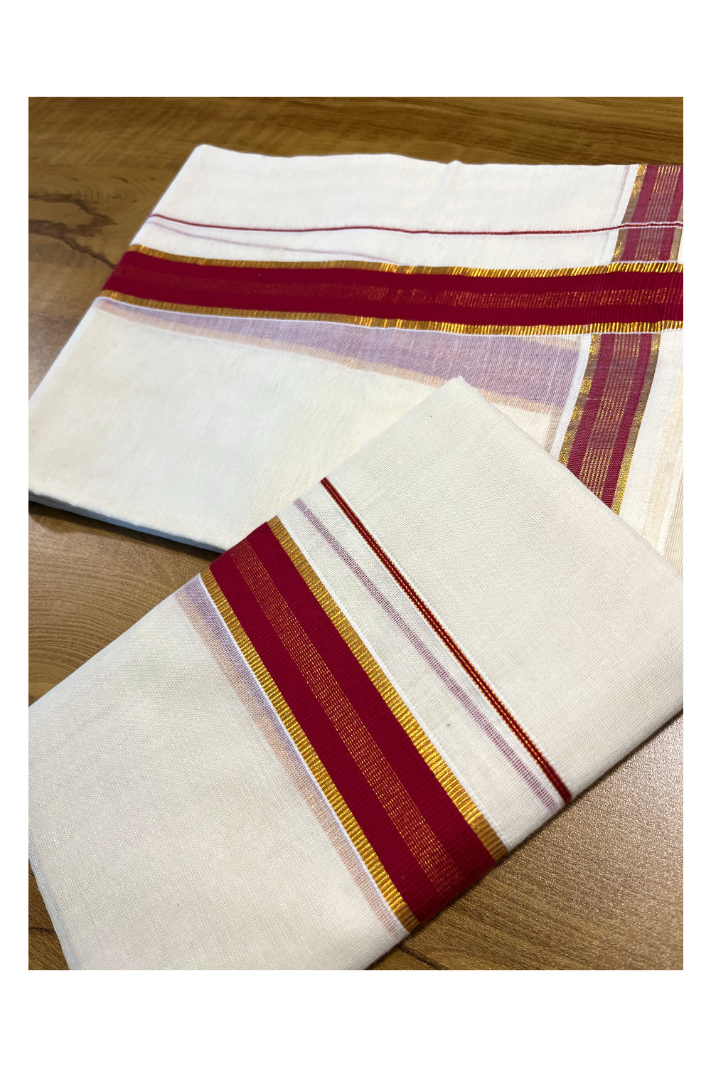 Kerala Cotton Mundum Neriyathum Single (Set Mundu) with Maroon and Kasavu Border