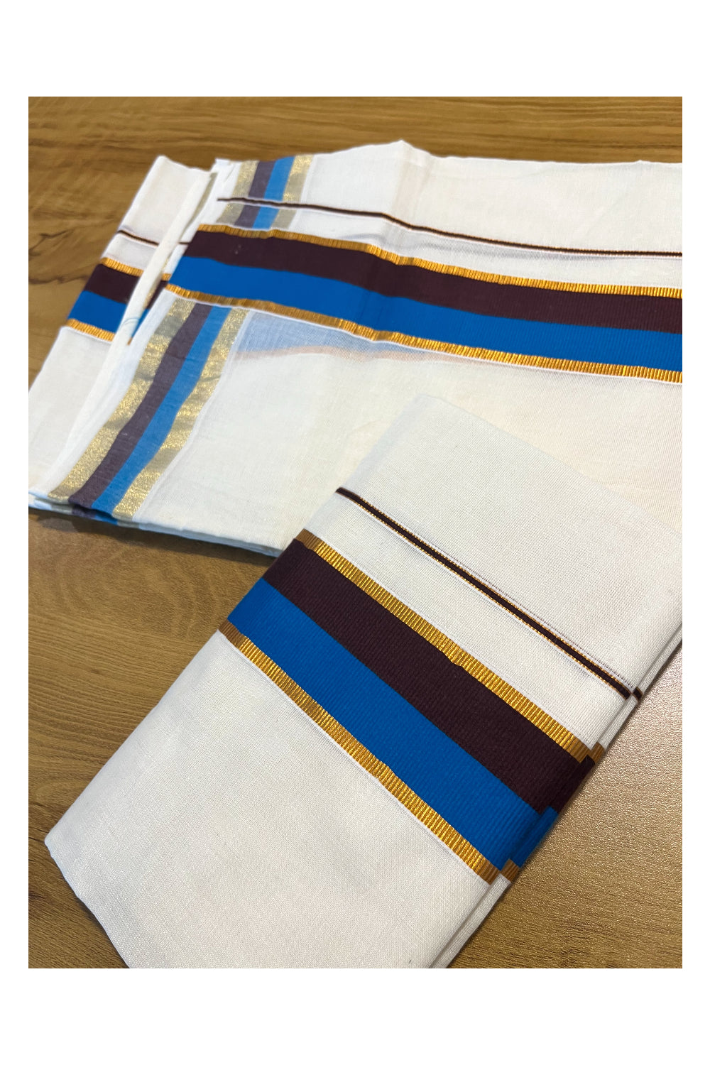 Kerala Cotton Kasavu Set Mundu (Mundum Neriyathum) with Blue and Brown Border 2.80 Mtrs