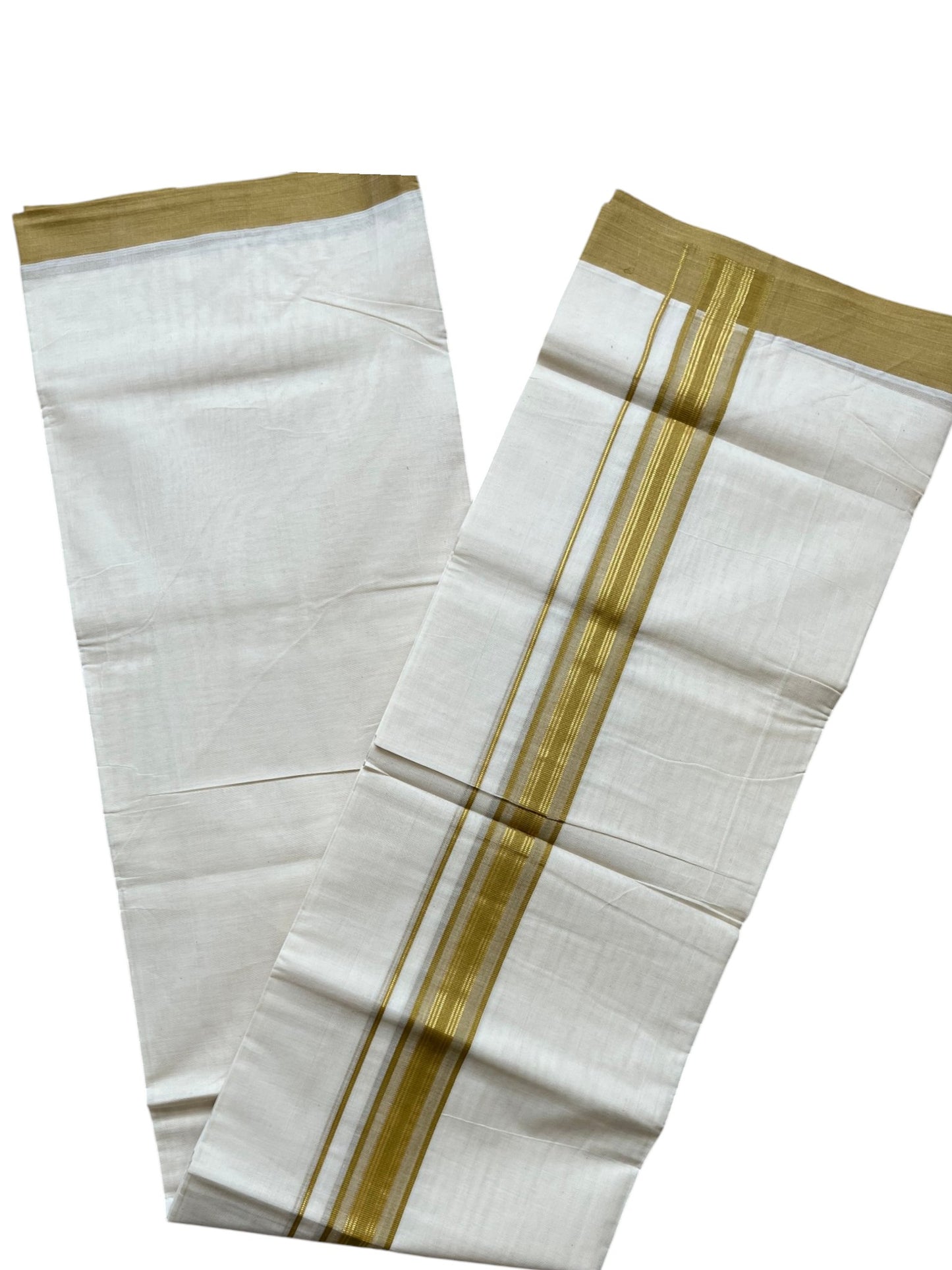 Southloom Pure Cotton Mundu with Golden Lines and Olive Green Border (South Indian Kerala Dhoti)