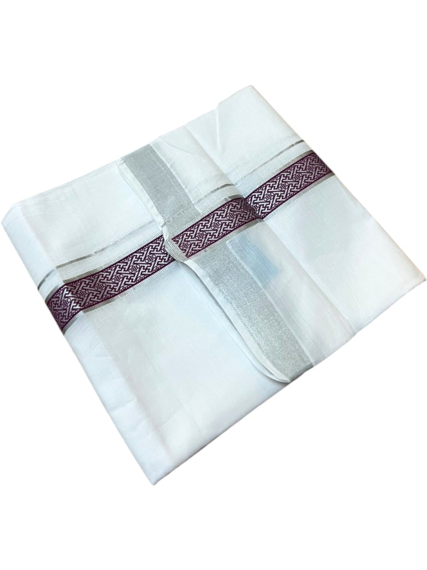 Southloom Pure White Cotton Mundu with Purple and Silver Kasavu Border (South Indian Kerala Dhoti)