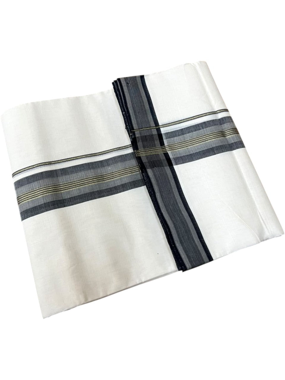 Southloom Balaramapuram Unakkupaavu Premium Handloom Cotton Double Mundu with Gold Kasavu and Gray Border