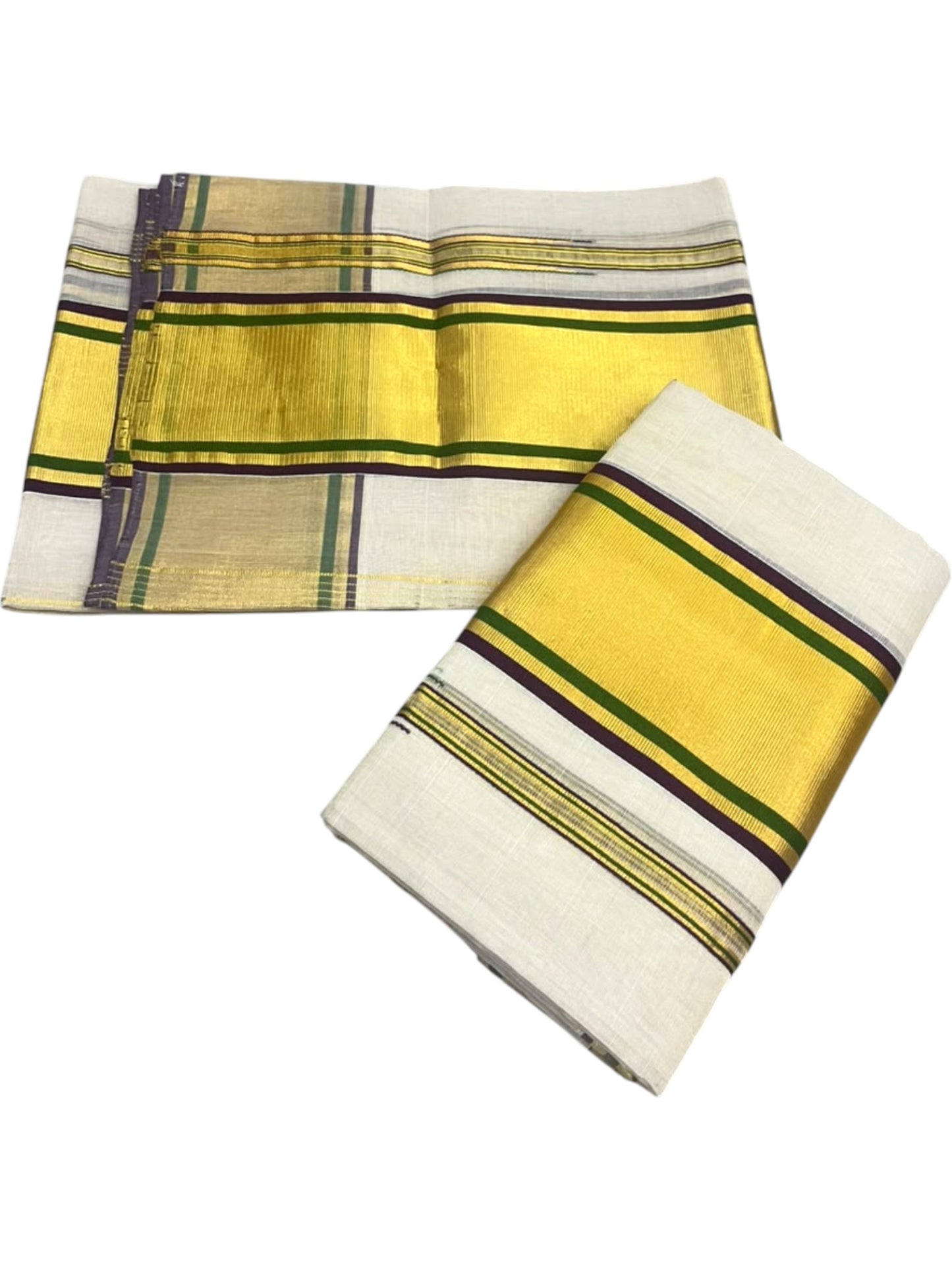 Southloom Premium Tissue Strips Handloom Set Mundu with Purple & Green Lines And Kasavu Border (2.80 Mtr) SL632