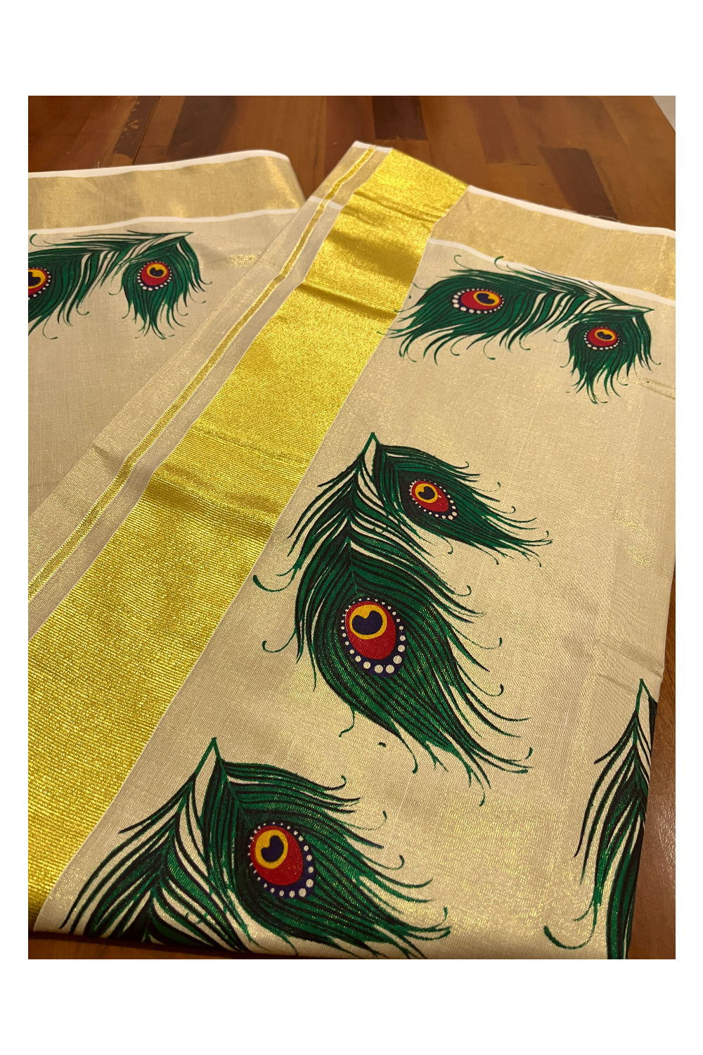 Kerala Tissue Kasavu Saree with Feather Mural Prints on Border and Pallu