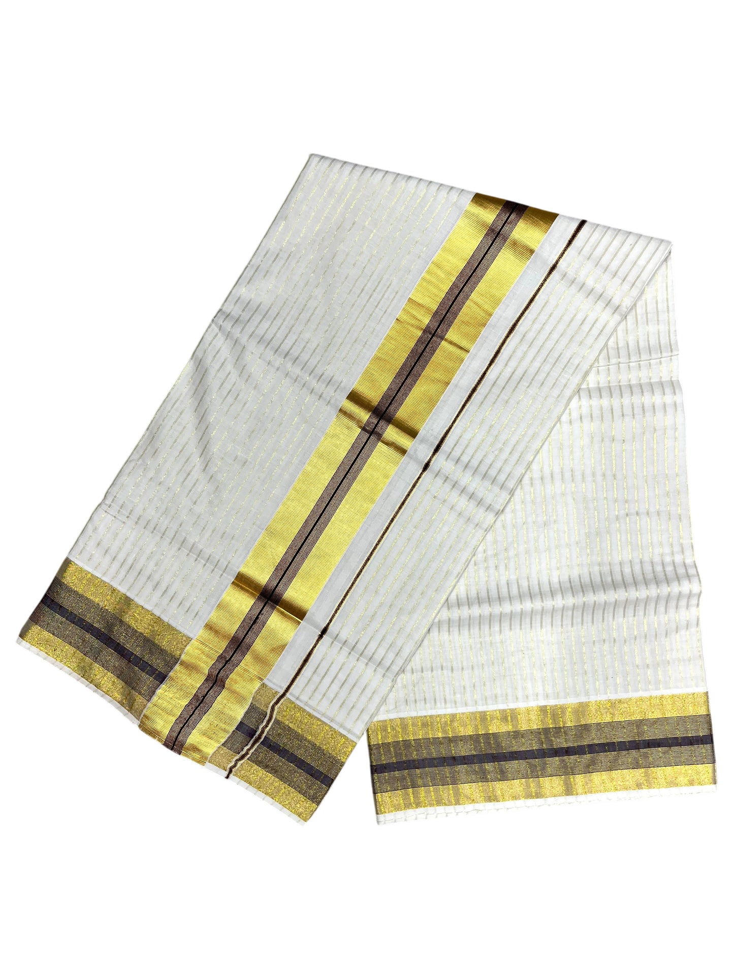 Southloom Pure Cotton Kerala Kasavu Lines Design Saree with Brown Border
