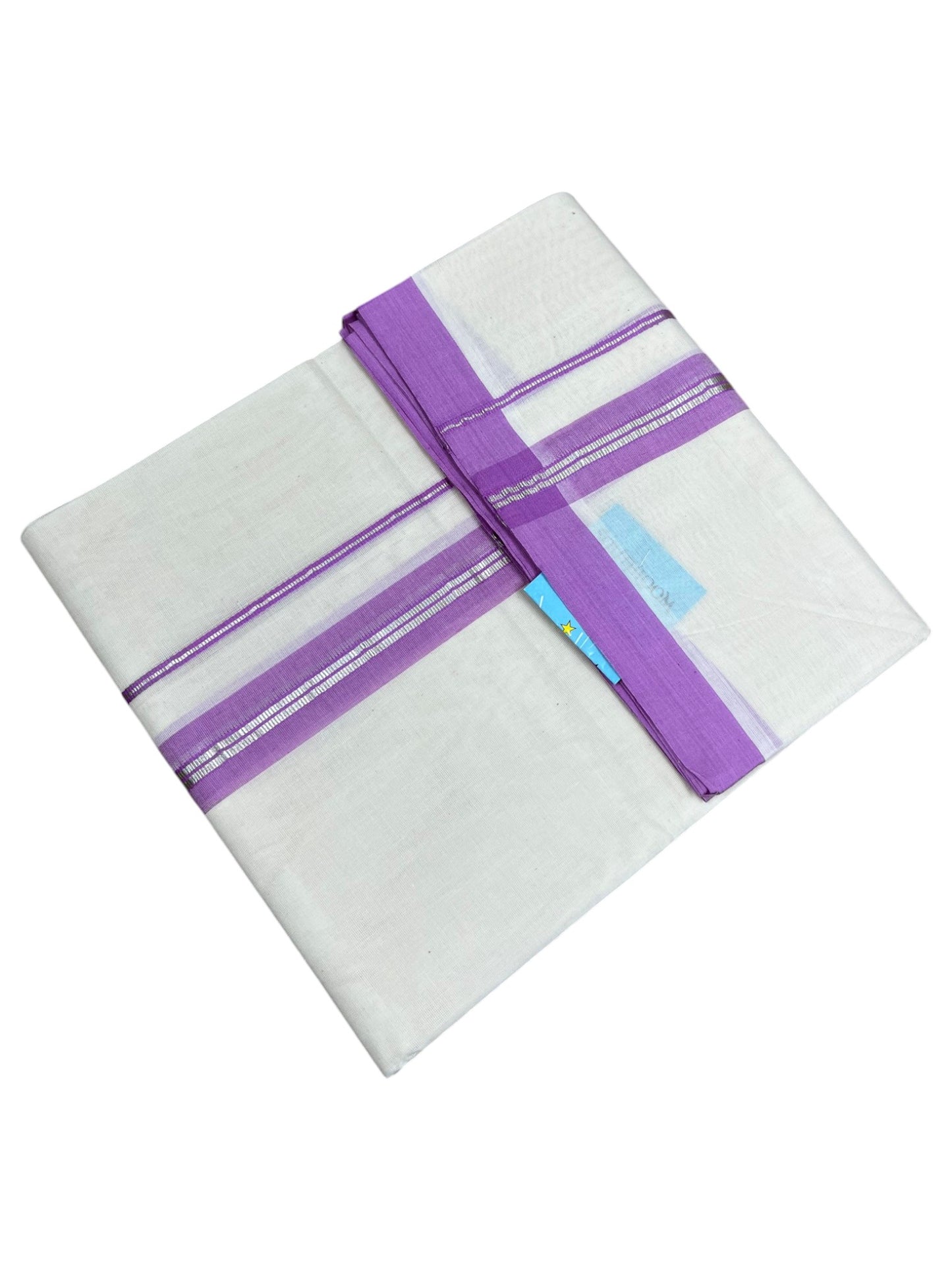 Southloom Pure Cotton Mundu with Silver Lines and Lavander Border (South Indian Kerala Dhoti)