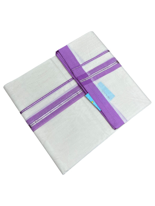 Southloom Pure Cotton Mundu with Silver Lines and Lavander Border (South Indian Kerala Dhoti)