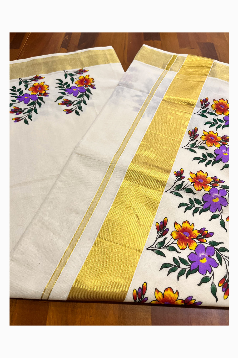 Pure Cotton Kerala Kasavu Saree with Violet Floral Block Prints with Kasavu Border (Vishu 2024 Collection)
