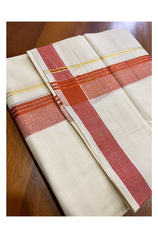 Off White Kerala Cotton Double Mundu with Kasavu and Orange Border (South Indian Kerala Dhoti)