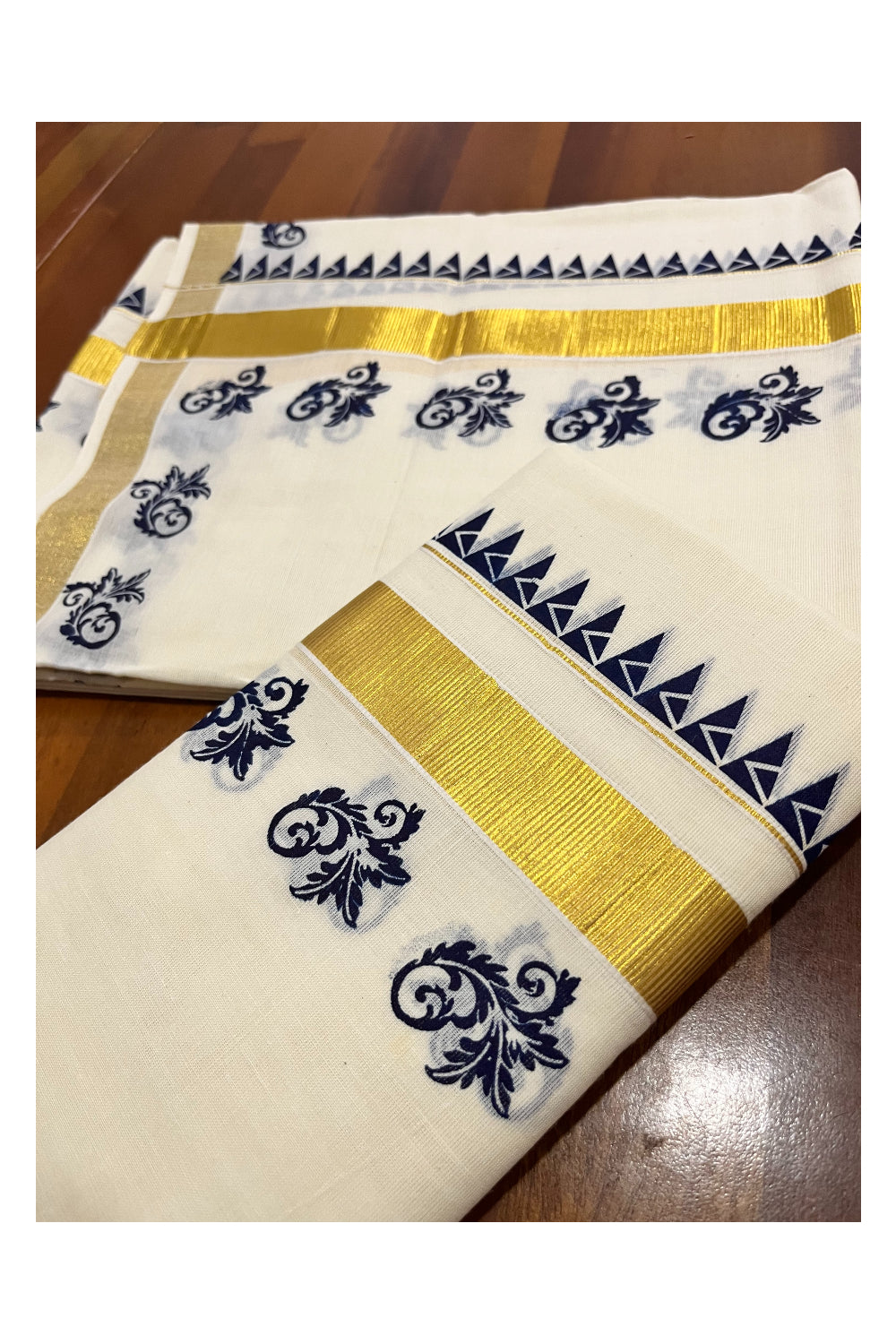 Kerala Pure Cotton Kasavu Set Mundu Single (Mundum Neriyathum) with Blue Block Prints and Temple Border 2.80 Mtrs