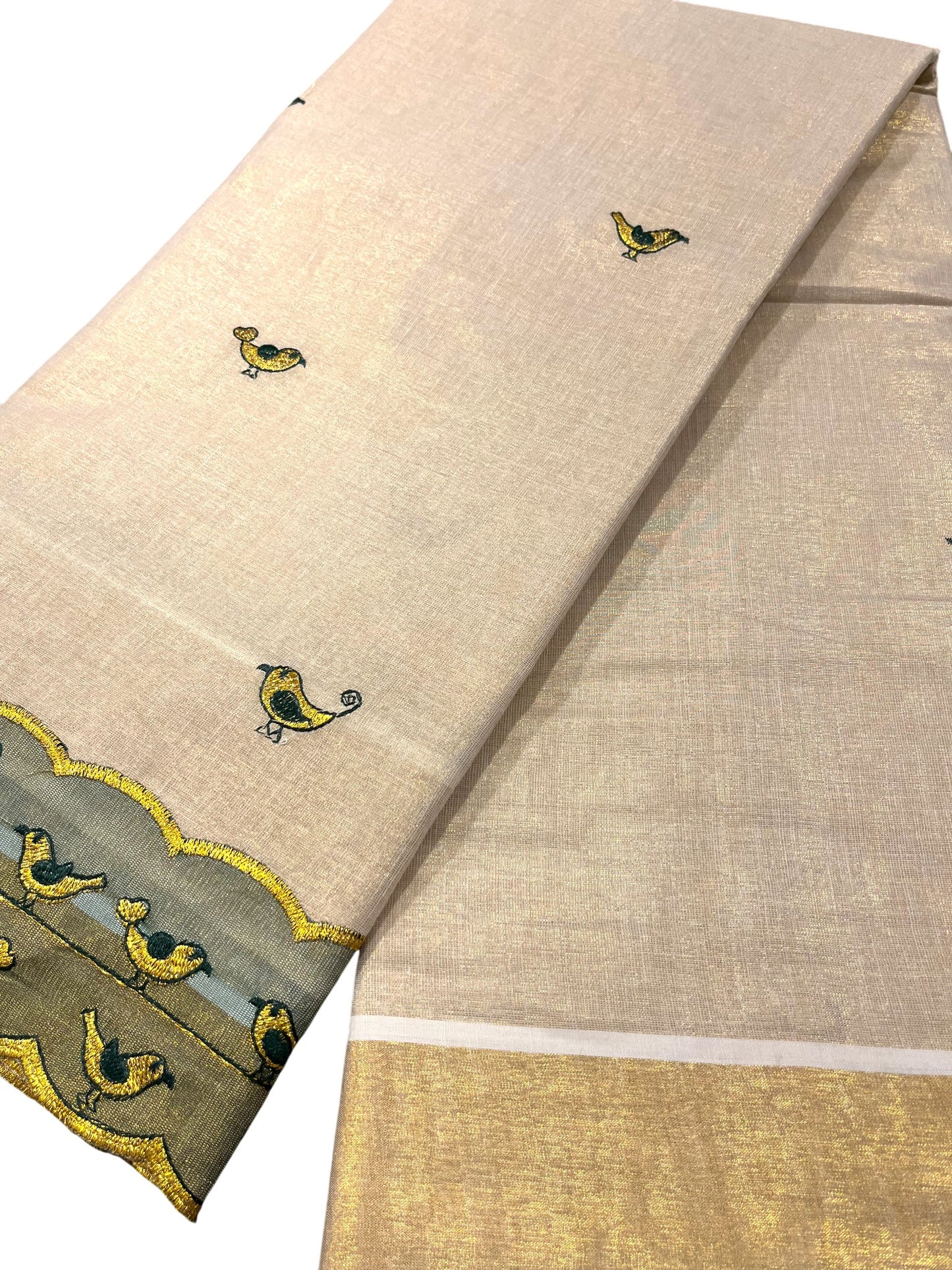 Southloom Tissue Kerala Kasavu Saree with Embroidery Design