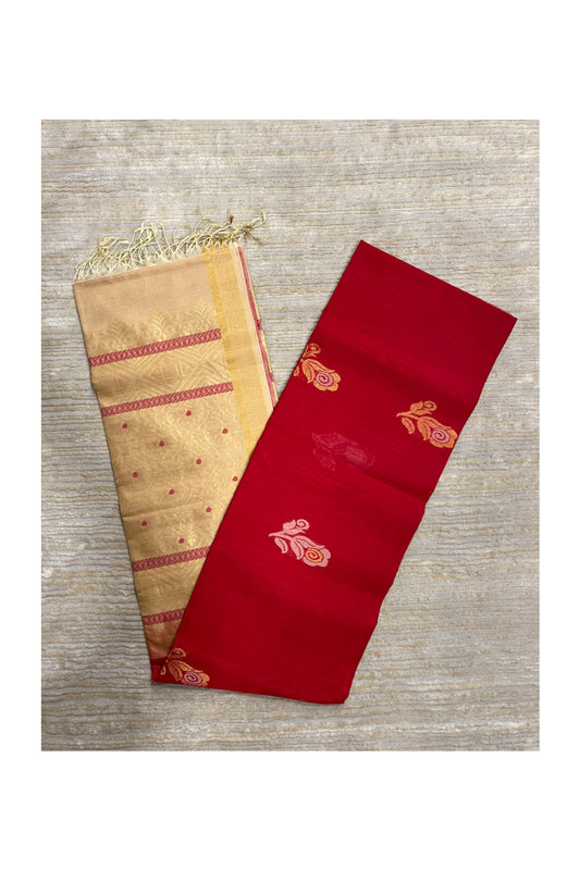 Southloom Pure Handloom Cotton Silk Saree With Handwoven Work Across Body and Blouse in Beige And Red