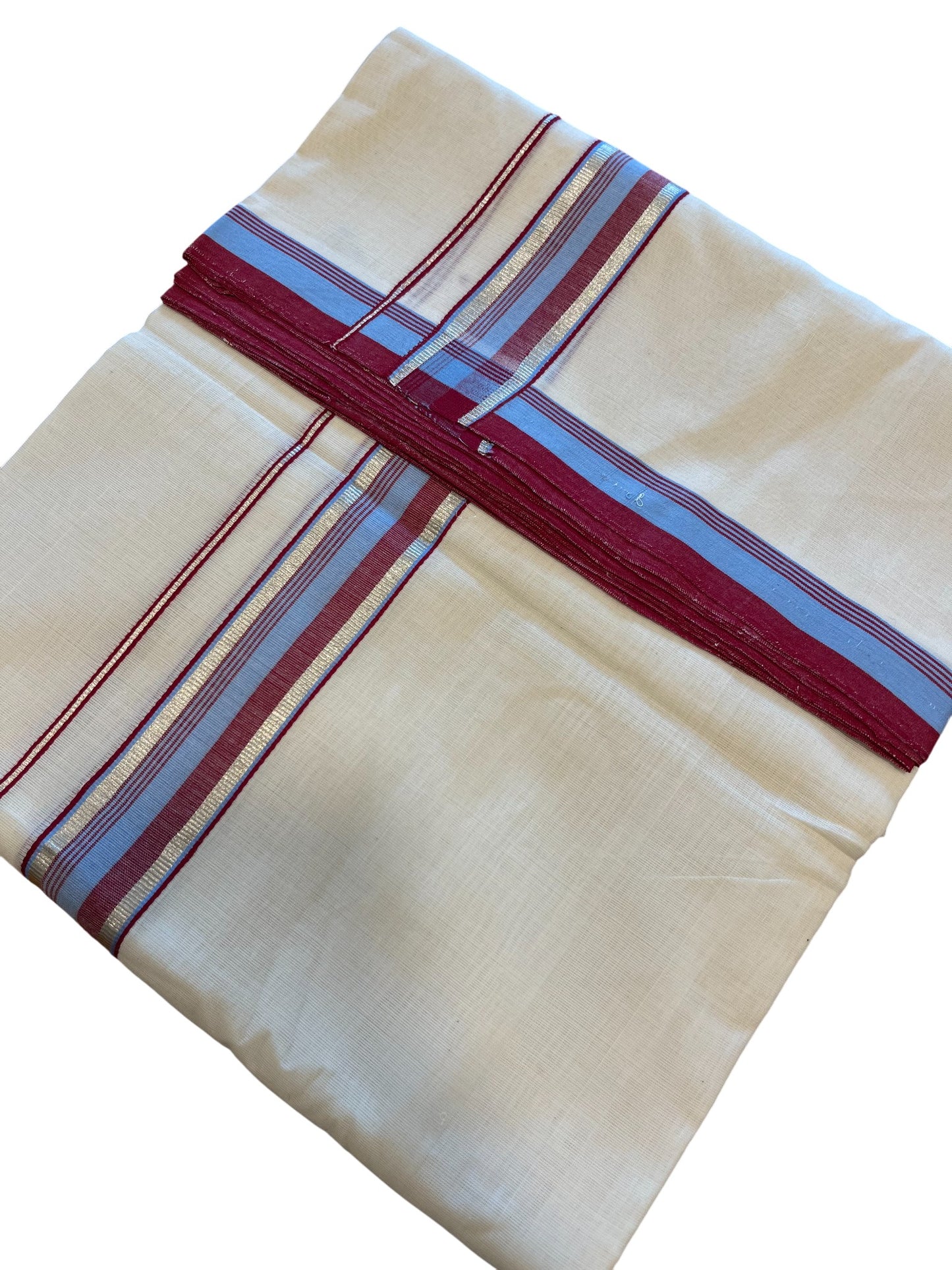 Southloom Premium Handloom Cotton Double Mundu with Red and Blue Border