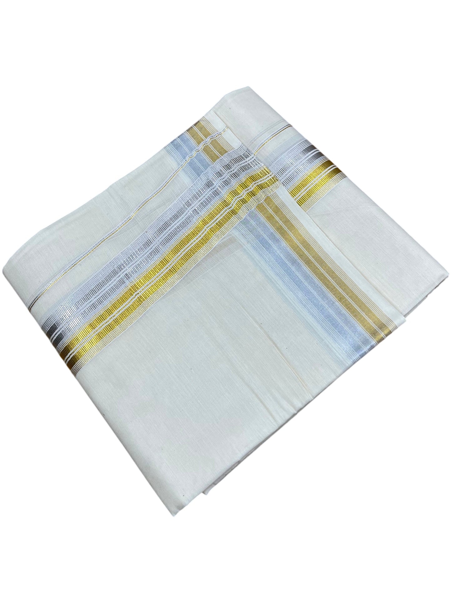 Southloom Kerala Pure Cotton Double Mundu with Silver & Gold Line Border (South Indian Dhoti)