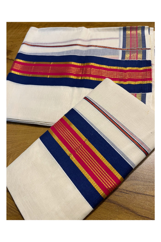 Kerala Cotton Kasavu Set Mundu (Mundum Neriyathum) with Blue and Pink Border