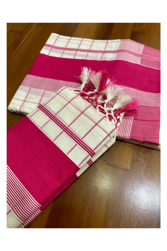 Pure Cotton Kerala Single Set Mundu (Mundum Neriyathum) with Pink Check Designs on Body 2.80 Mtrs (Vishu Collection 2024)