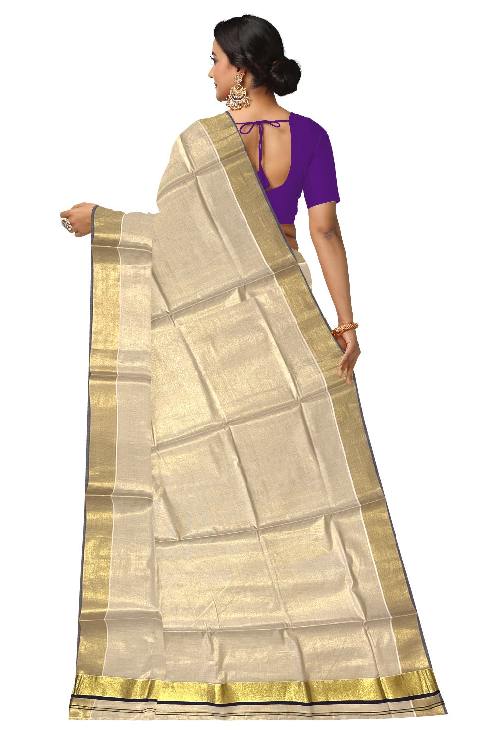 Kerala Kasavu Tissue Saree with Blue Narrow Border and Tassels