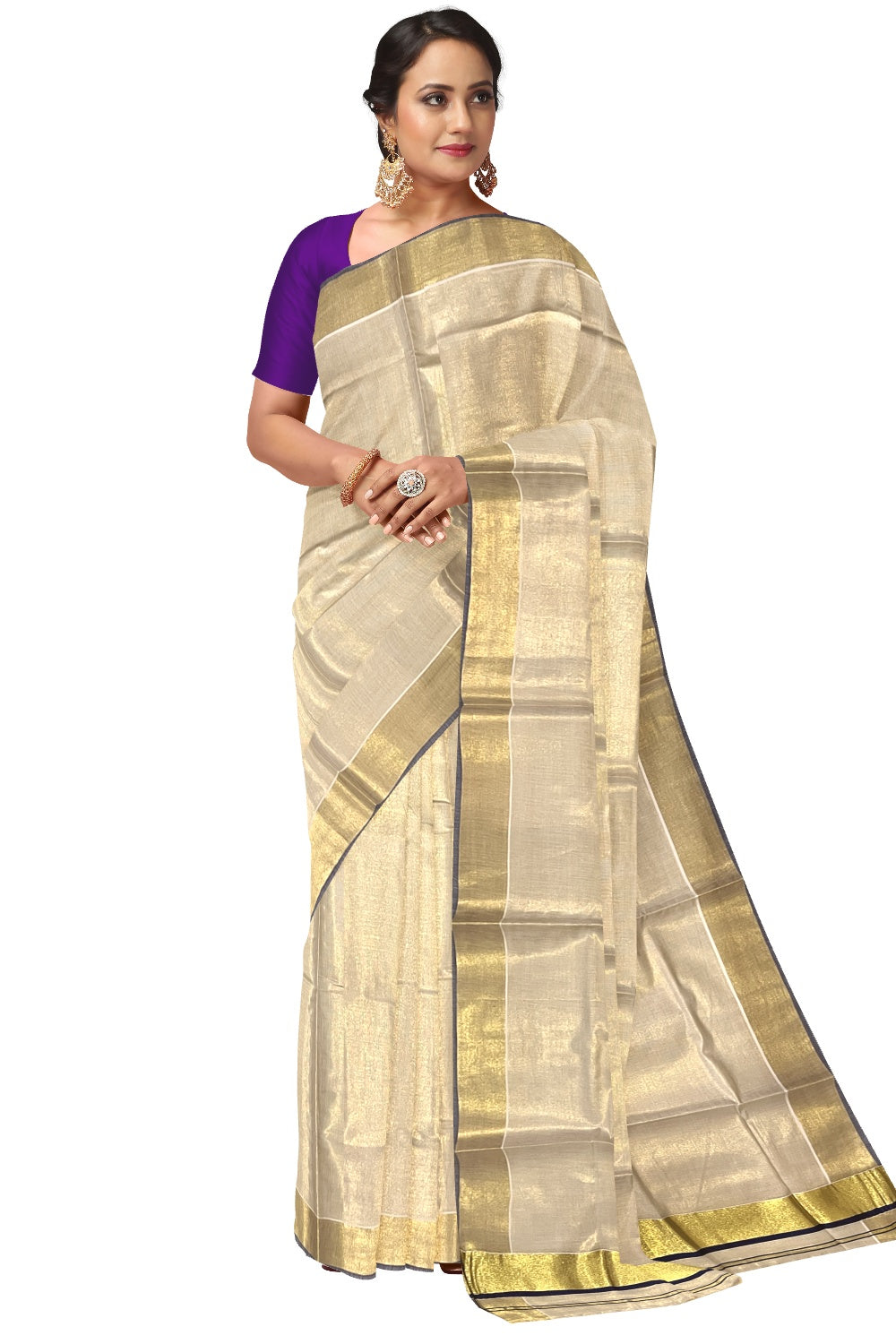 Kerala Kasavu Tissue Saree with Blue Narrow Border and Tassels