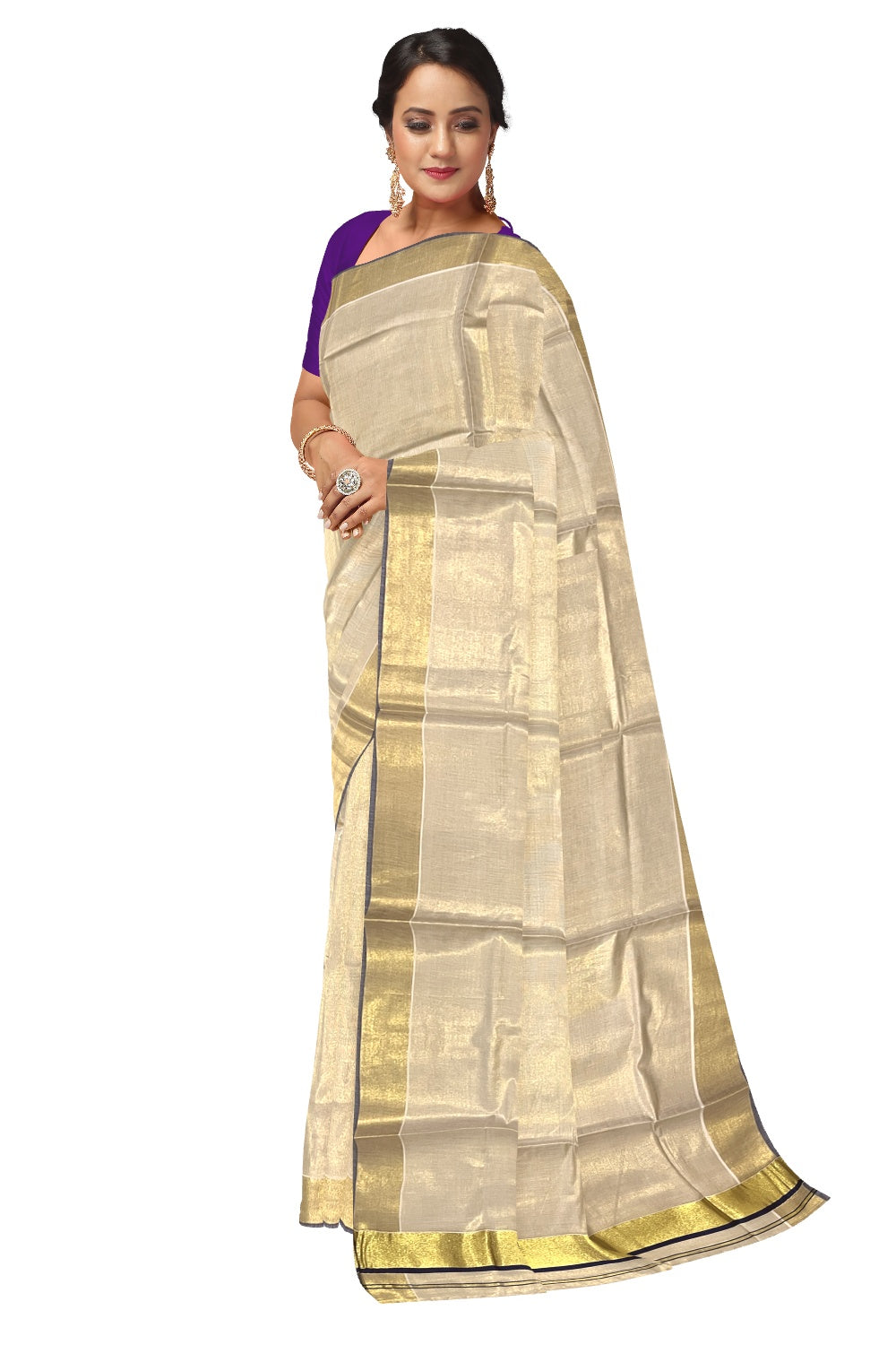 Kerala Kasavu Tissue Saree with Blue Narrow Border and Tassels