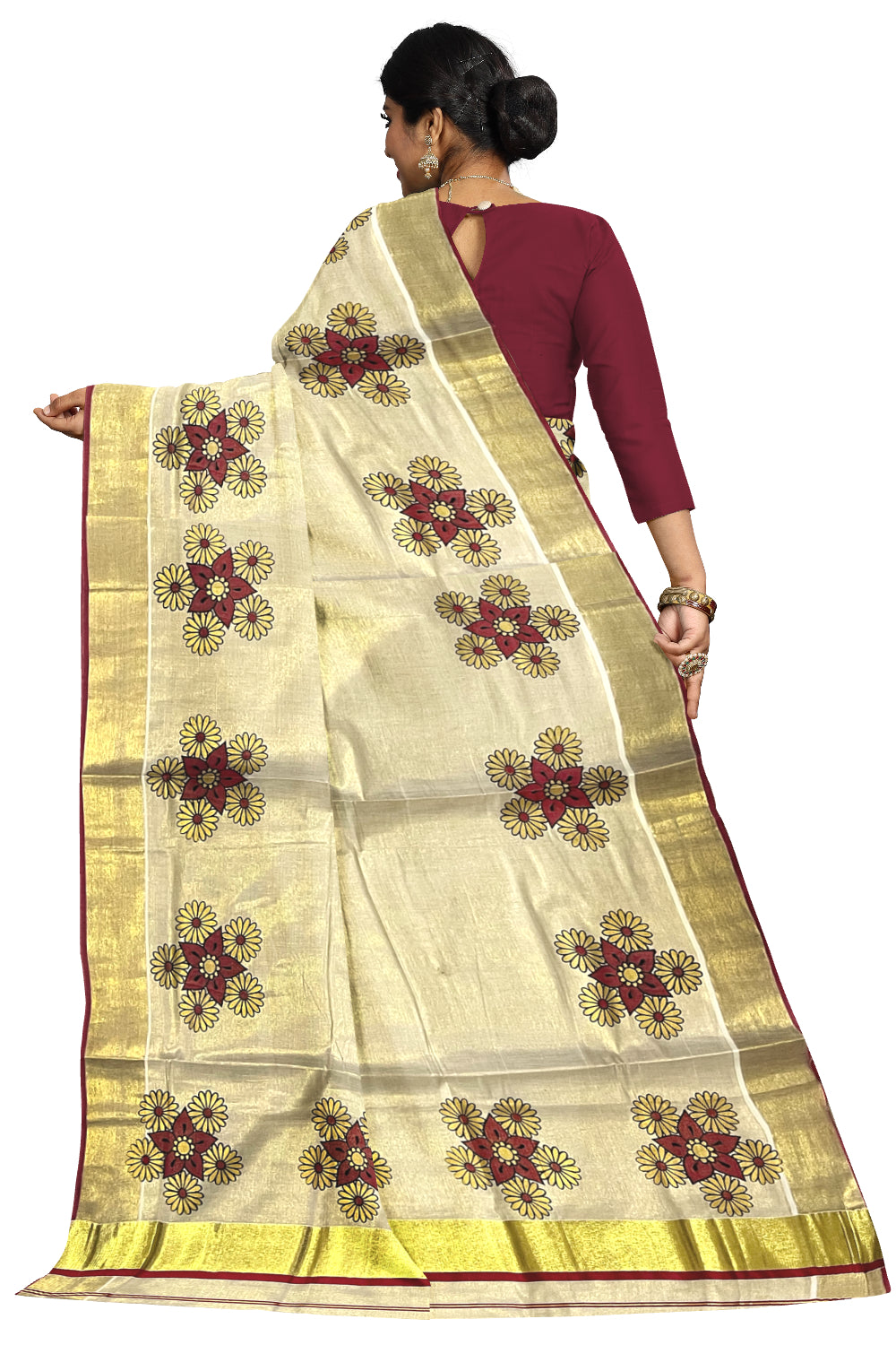 Kerala Tissue Kasavu Saree with Mural Floral Printed Design and Red Border