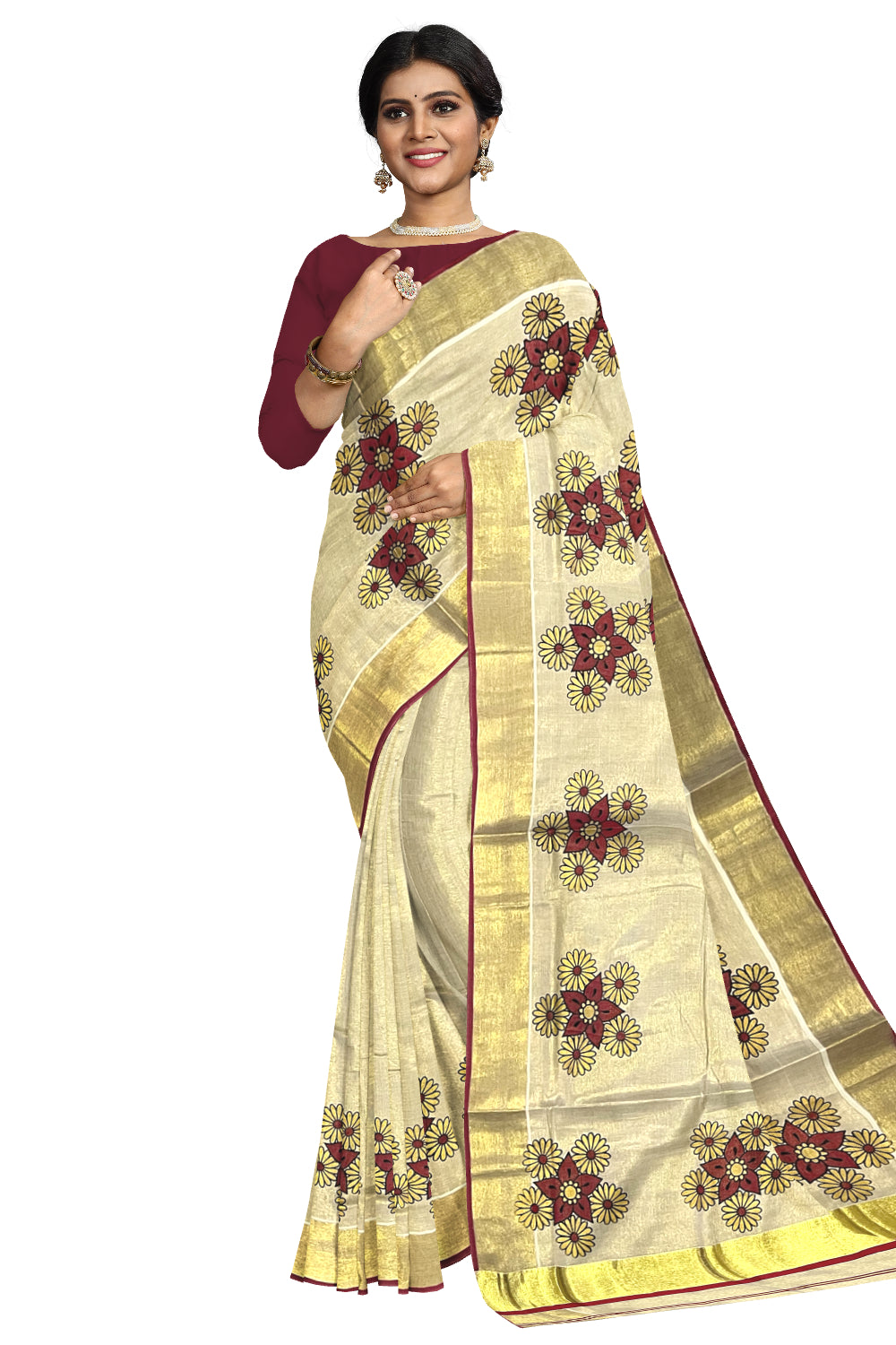 Kerala Tissue Kasavu Saree with Mural Floral Printed Design and Red Border