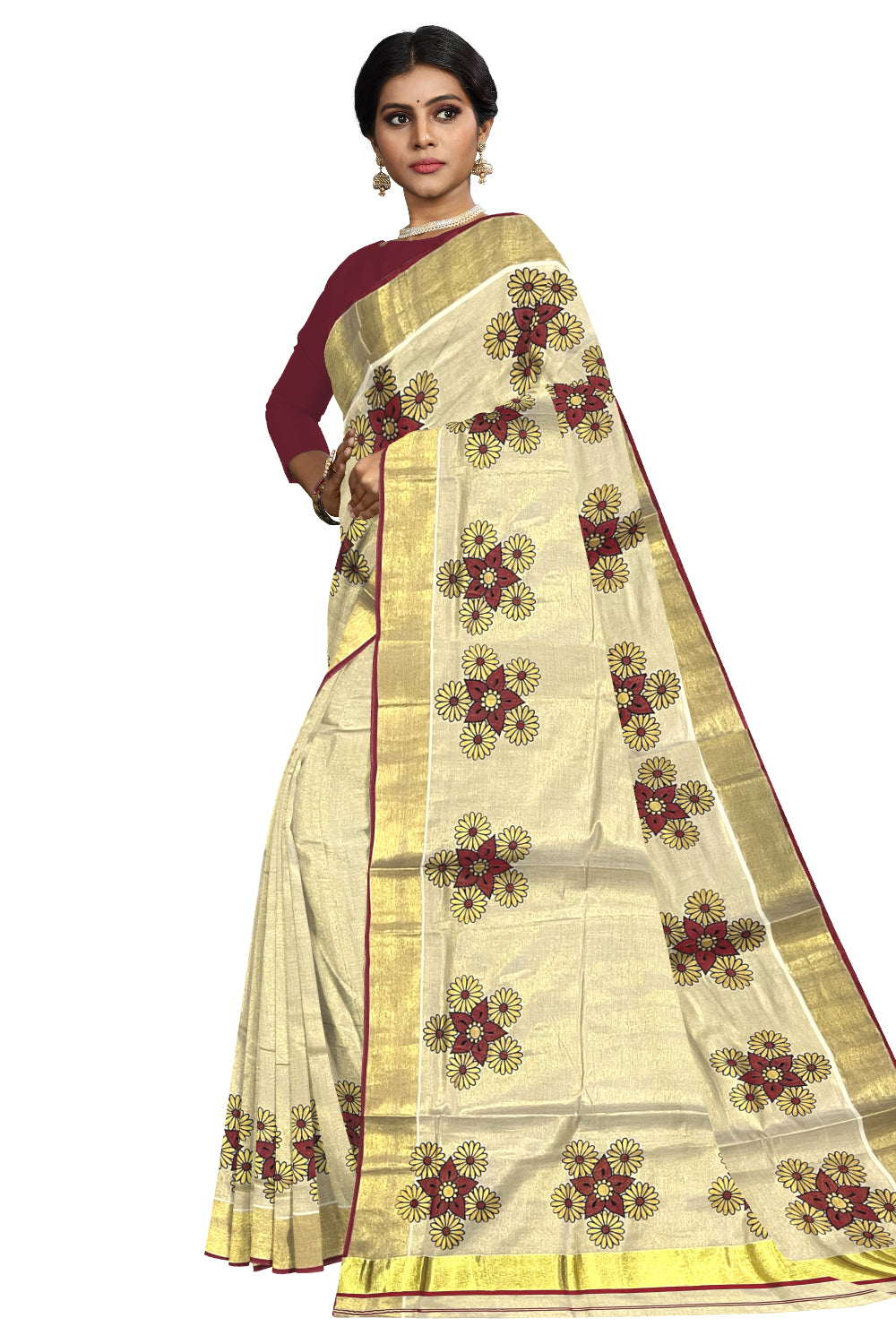 Kerala Tissue Kasavu Saree with Mural Floral Printed Design and Red Border