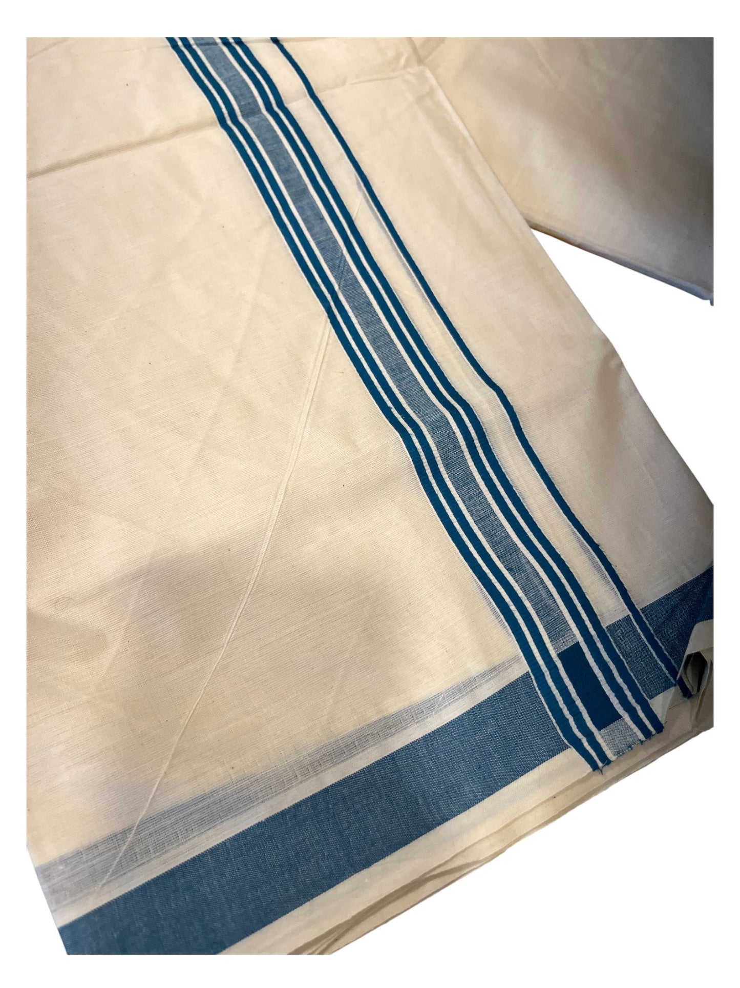 Southloom Pure Cotton  Double Mundu With White Lines & Blue Border (South Indian Kerala Dhoti)