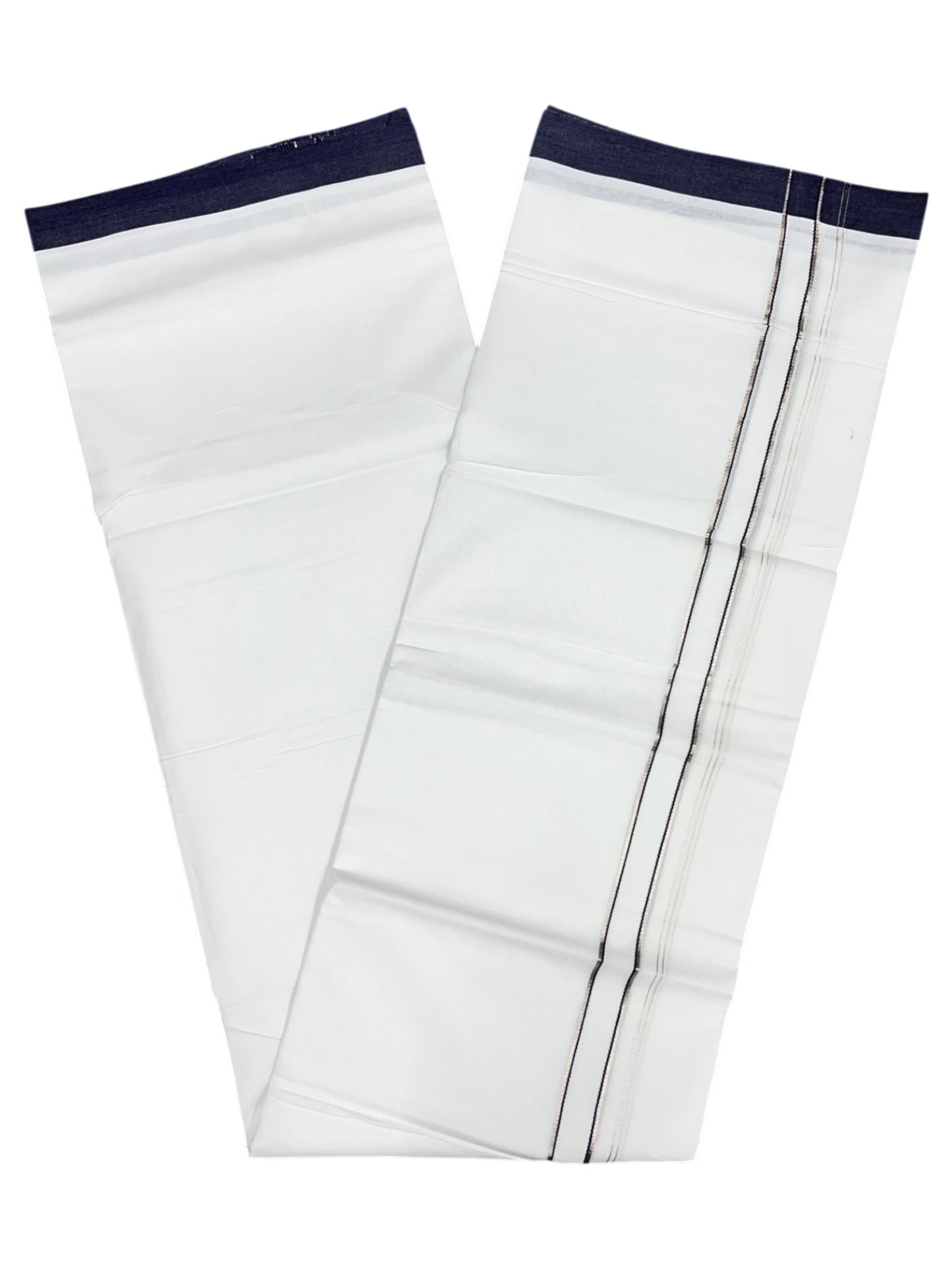 Southloom Pure White Cotton Double Mundu with Silver Lines and Blue Border (South Indian Dhoti)