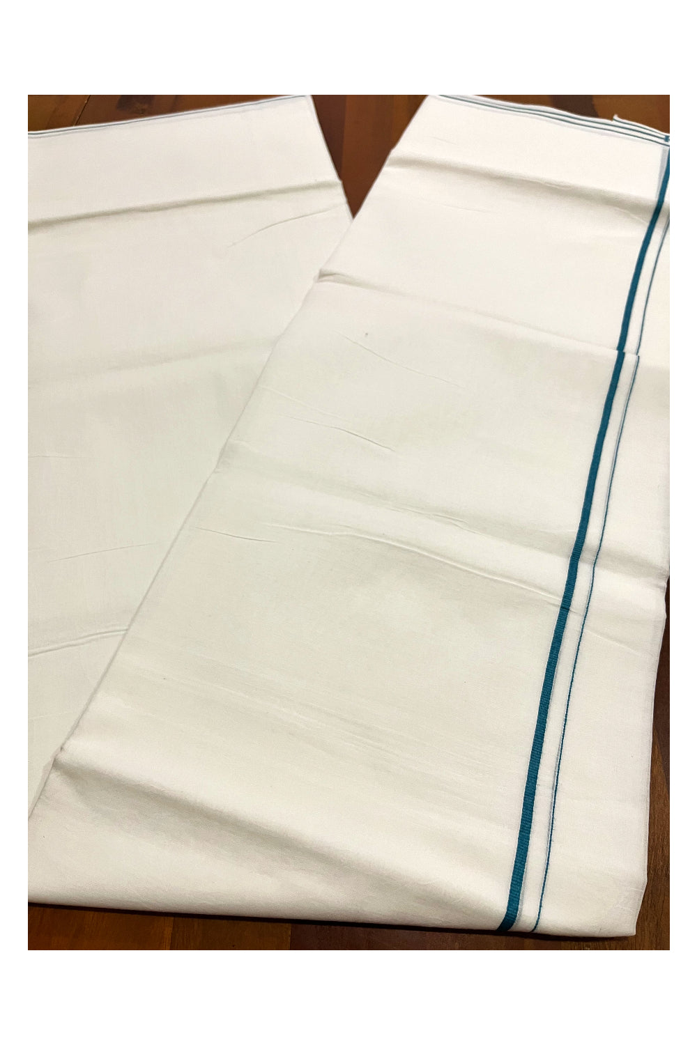 Pure White Kerala Cotton Double Mundu with Teal Thin Kara (South Indian Kerala Dhoti)