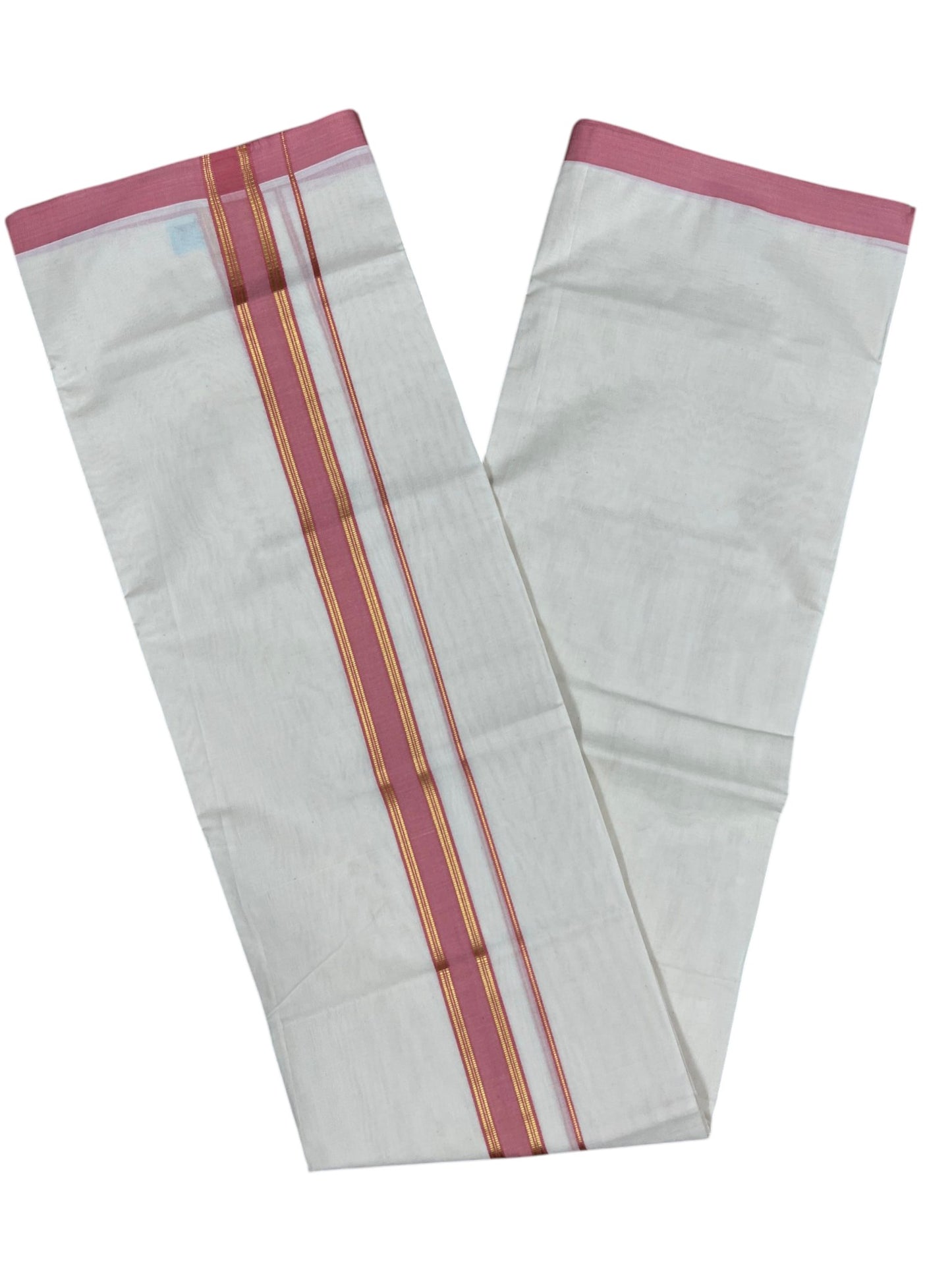 Southloom Pure Cotton Mundu with Gold Lines and Brike Red Border (South Indian Kerala Dhoti)