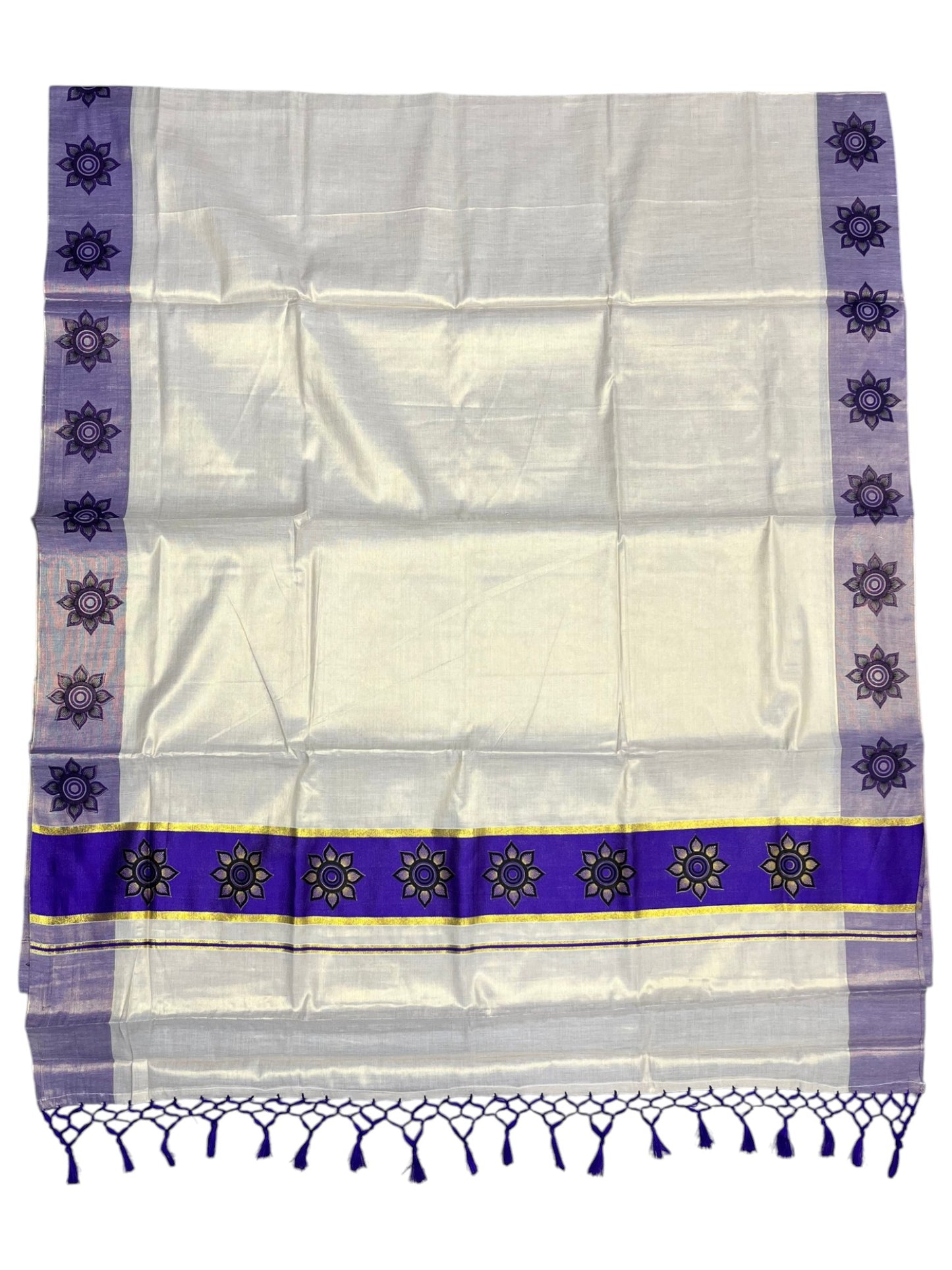 Southloom Kerala Tissue Kasavu Saree with Floral Block Prints in Blue Border