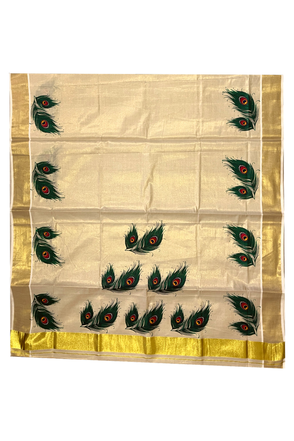 Kerala Tissue Kasavu Saree with Feather Mural Prints on Border and Pallu