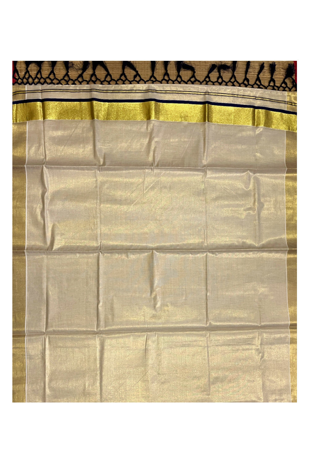 Kerala Kasavu Tissue Saree with Blue Narrow Border and Tassels