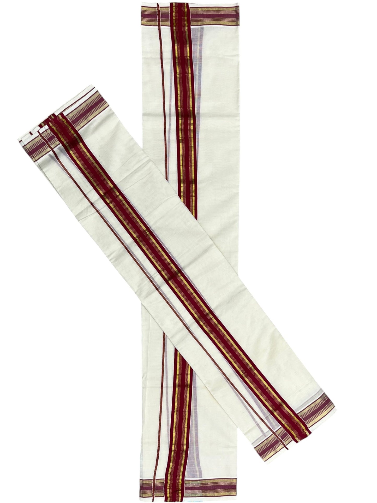Southloom Kerala Cotton Kasavu Single Set Mundu (Mundum Neriyathum) with Maroon Kasavu Border SLKK