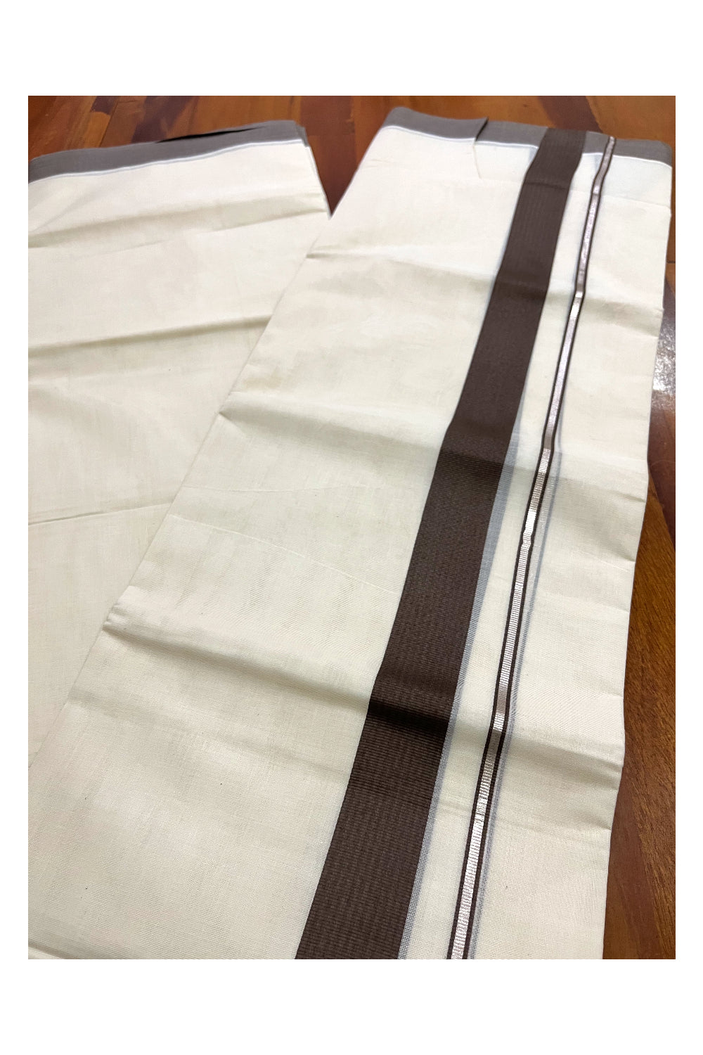 Pure Cotton Double Mundu with Silver Kasavu and Brown Border (South Indian Kerala Dhoti)