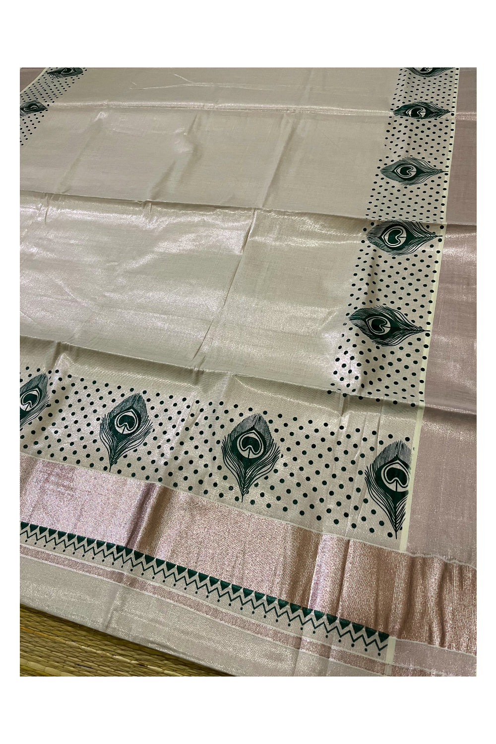 Kerala Rose Copper Tissue Kasavu Saree with Green Feather Block Prints