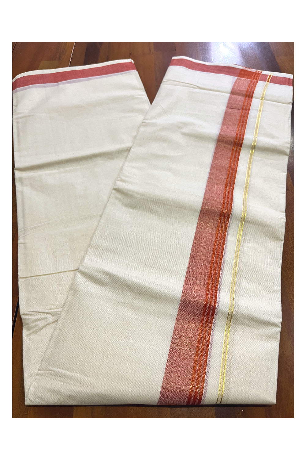 Off White Kerala Cotton Double Mundu with Kasavu and Orange Border (South Indian Kerala Dhoti)