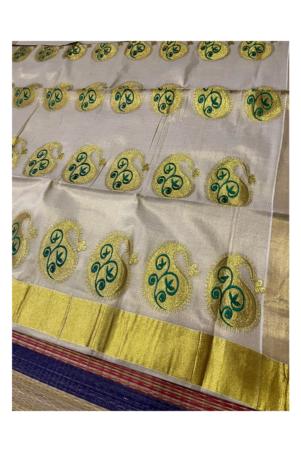 Kerala Tissue Green and Golden Embroidery Work Kasavu Saree