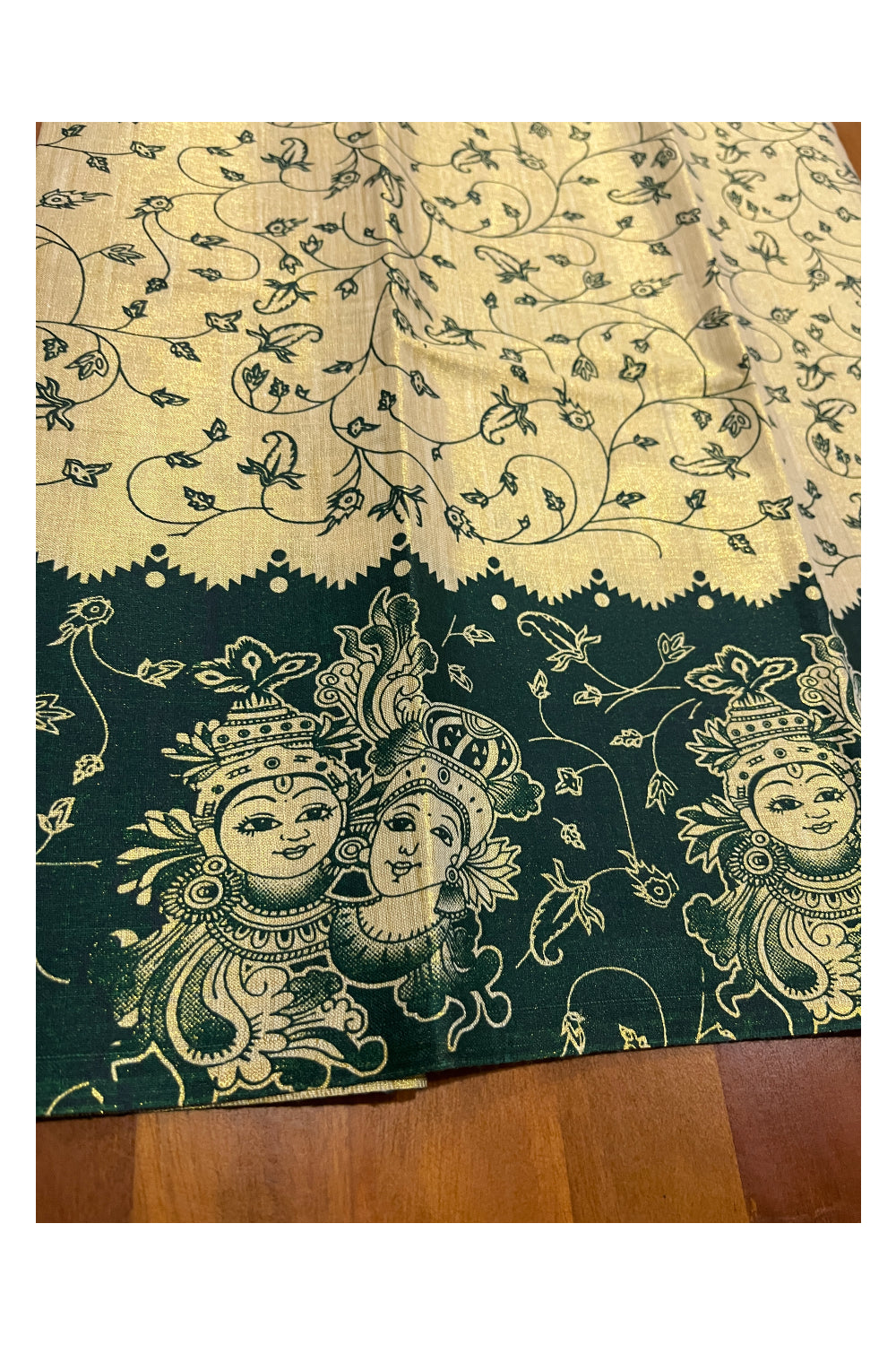Kerala Tissue Block Printed Pavada and Green Designer Blouse Material for Kids 3 Meters