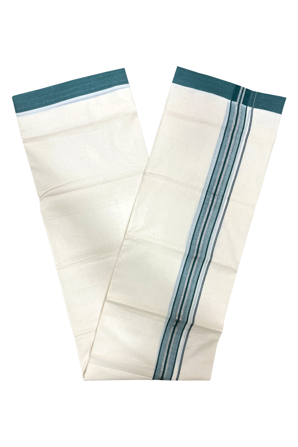 Pure Cotton Double Mundu with Silver Kasavu and Green Border (South Indian Kerala Dhoti)