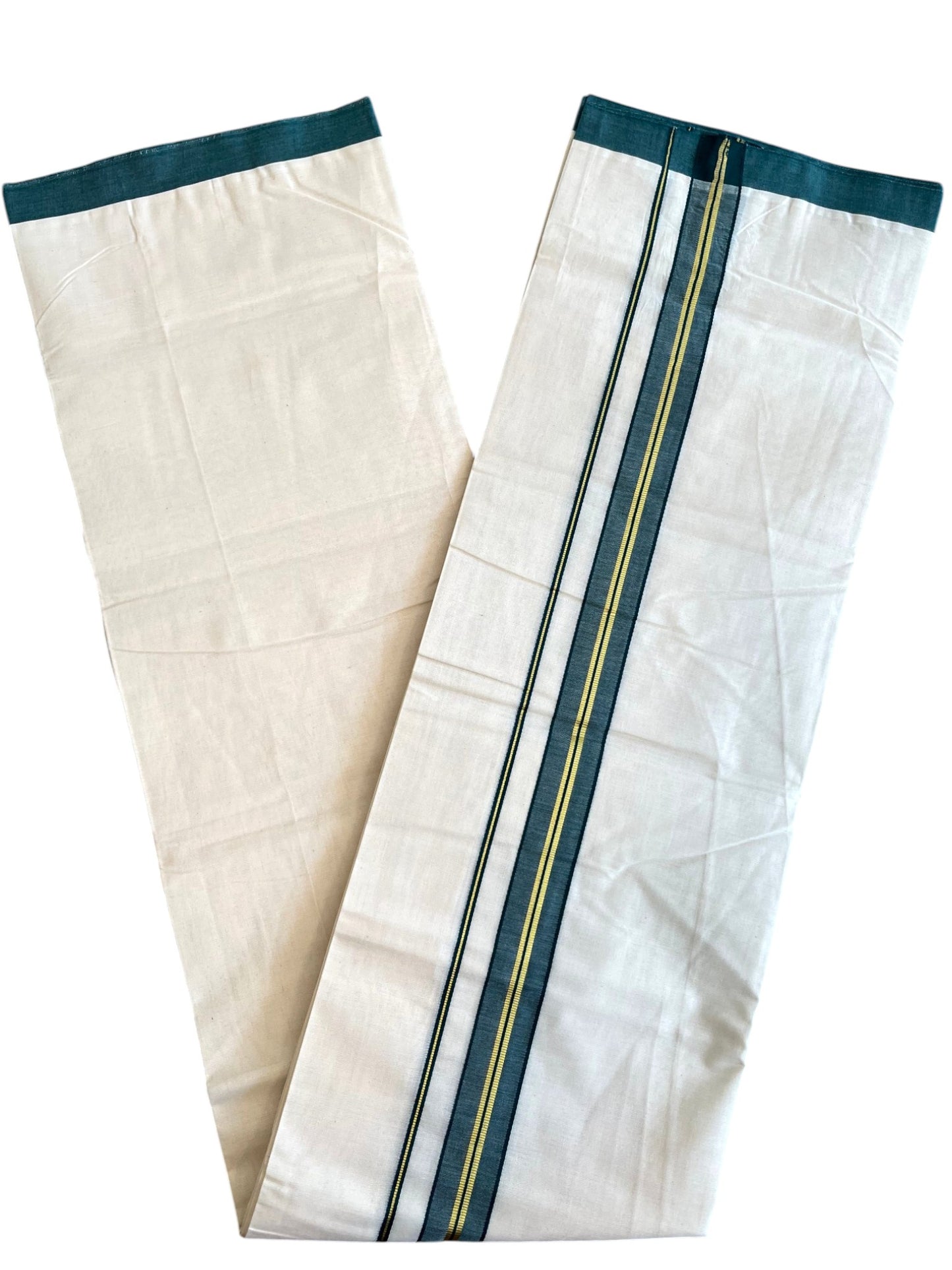 Southloom Pure Cotton Mundu with Golden Lines and Peacock Green Border (South Indian Kerala Dhoti)