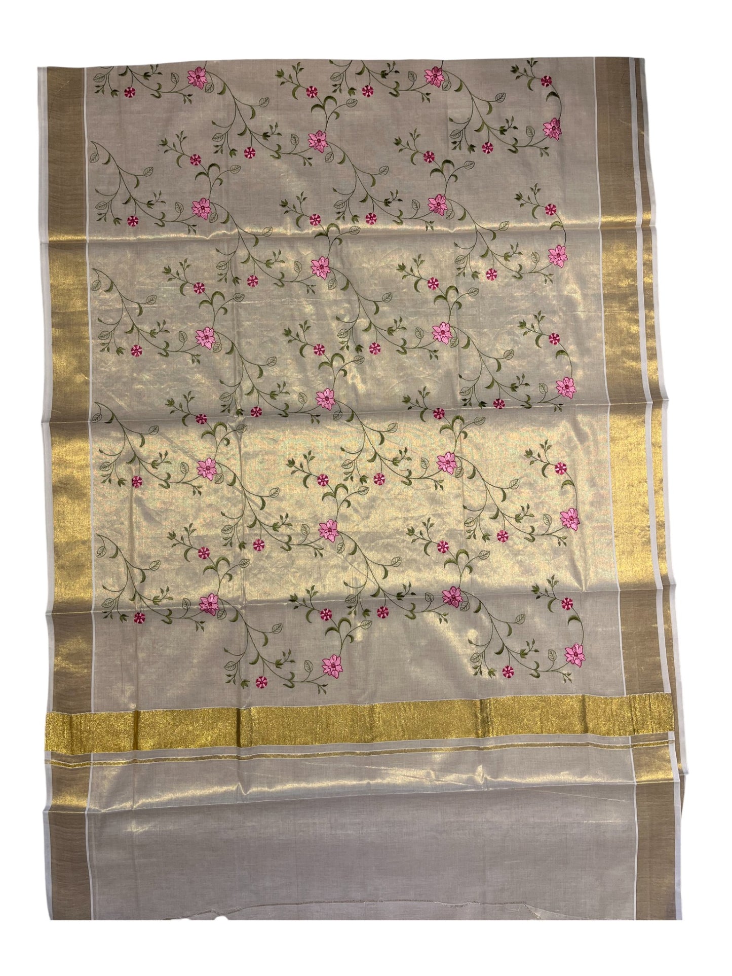Southloom Kerala Tissue Kasavu Saree with Floral Print on Body and Border