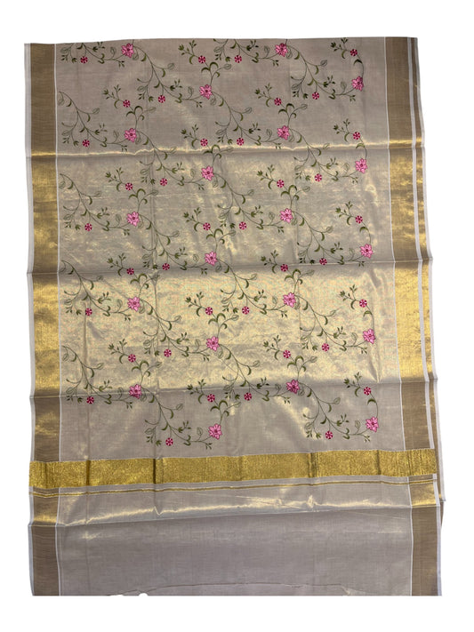 Southloom Kerala Tissue Kasavu Saree with Floral Print on Body and Border