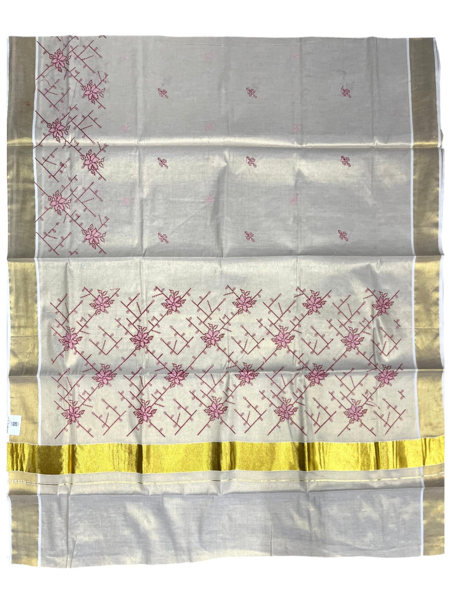 Southloom Tissue Kerala Kasavu Saree with Floral Embroidery Work on Body in Pink and Red