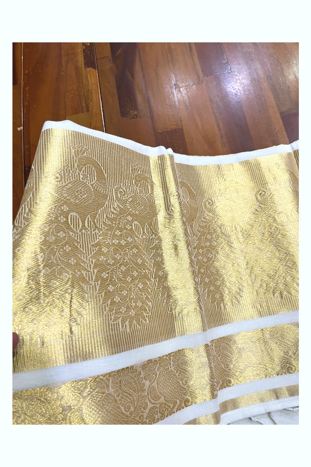 Southloom Premium Handloom Cotton Kasavu Saree with Peacock Heavy Woven Designs (Vishu 2024 Collection)