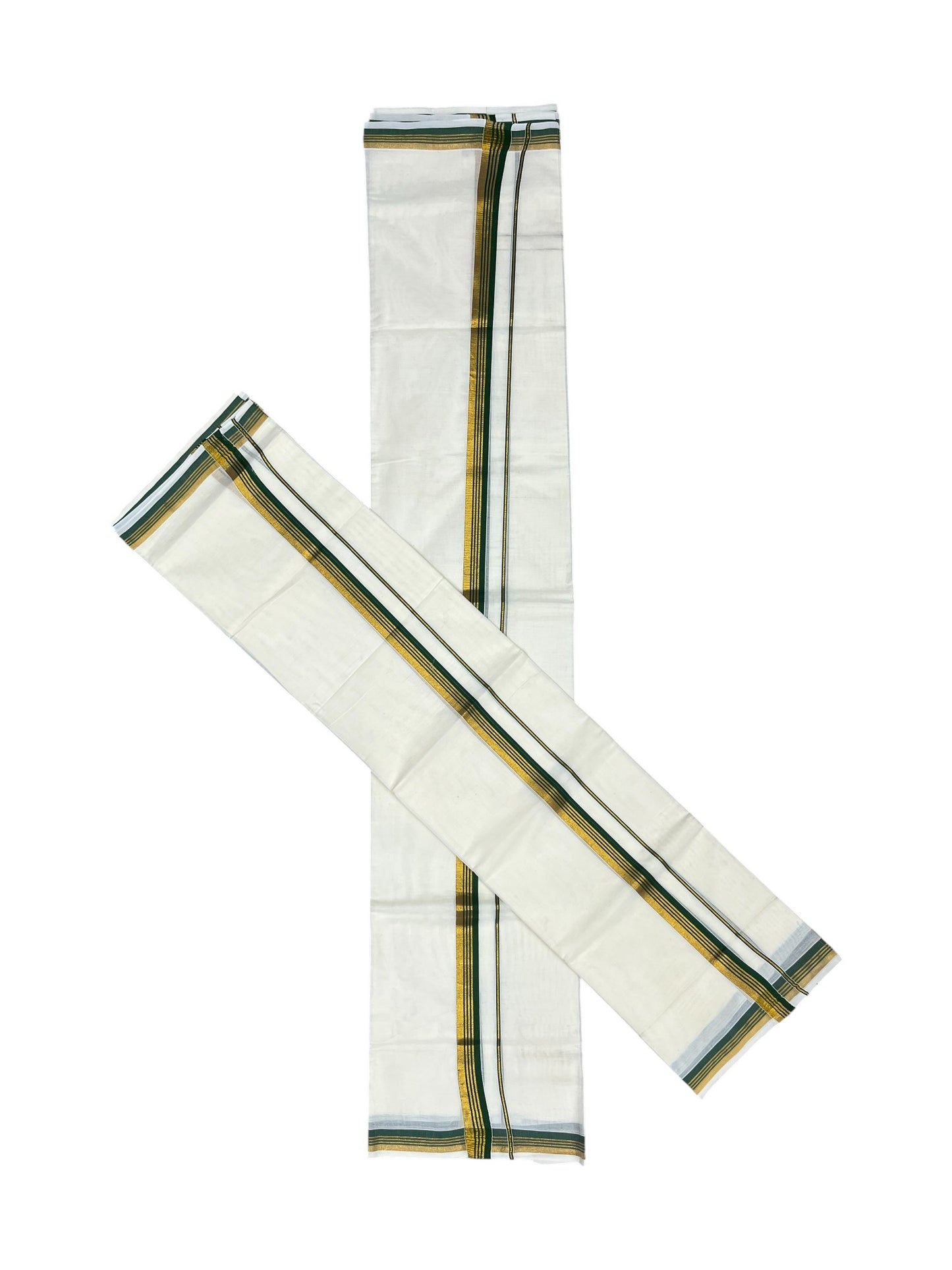 Pure Cotton Kerala Single Set Mundu (Mundum Neriyathum) with Green Kasavu Border in 2.80 Mtrs